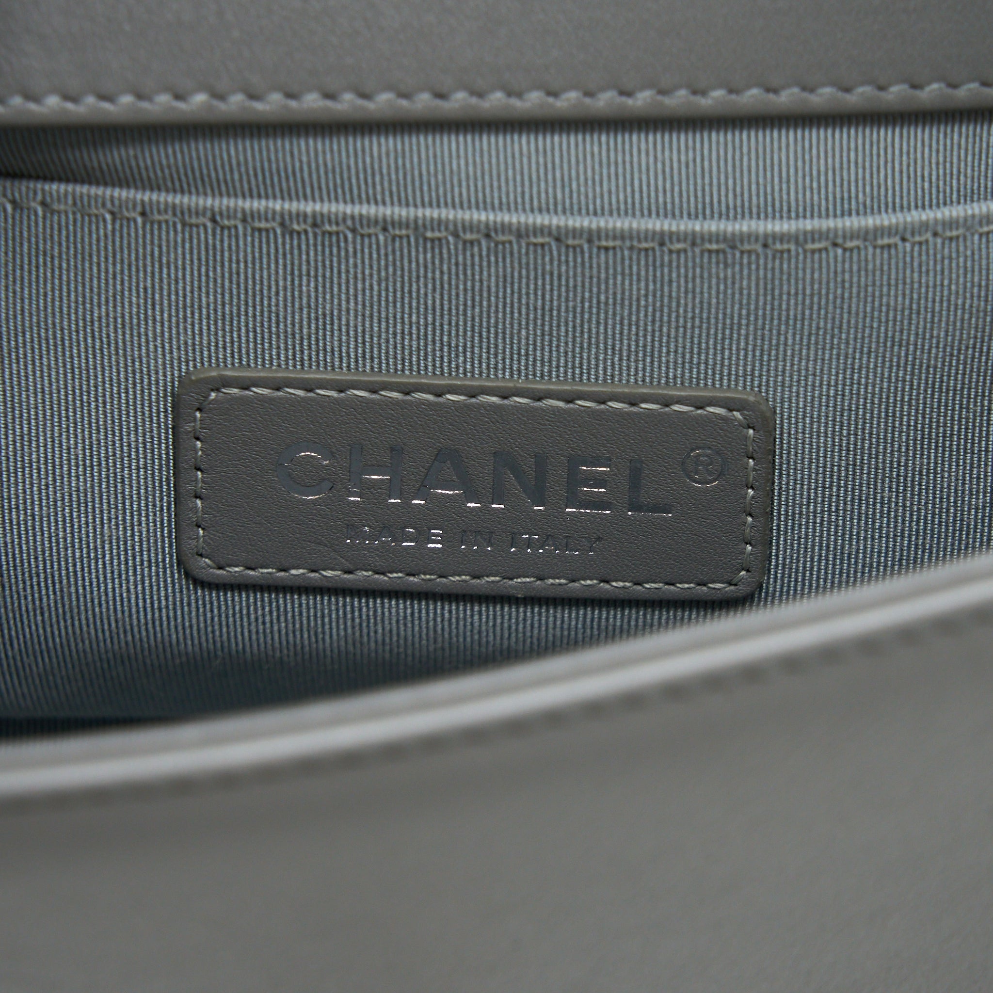 CHANEL SMALL BOY BAG CHEVRON LAMBSKIN GREY RUTHENIUM HARDWARE