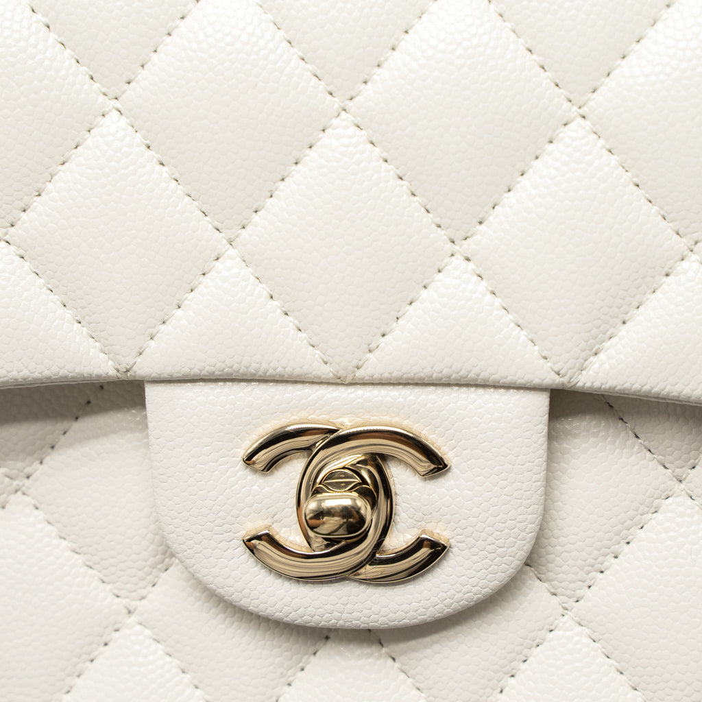 CHANEL SMALL CLASSIC DOUBLE FLAP BAG CAVIAR WHITE LGHW (MICROCHIP)