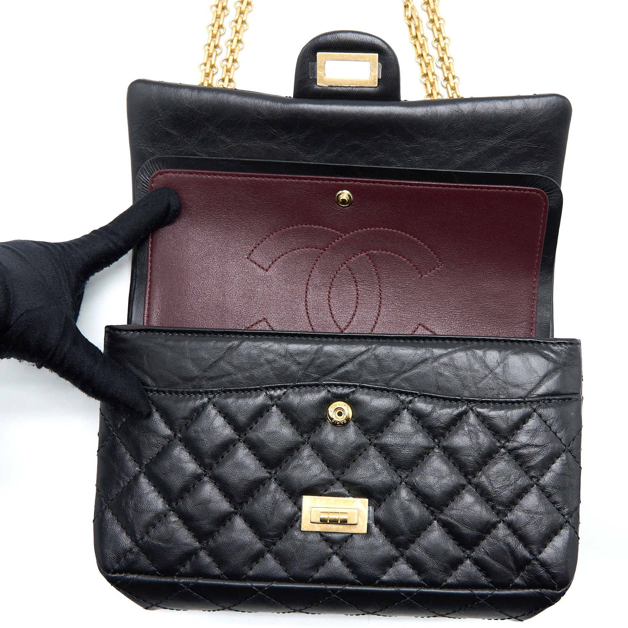 CHANEL SMALL 2.55 225 REISSUE FLAP BAG AGED CALFSKIN BLACK BRUSHED GHW