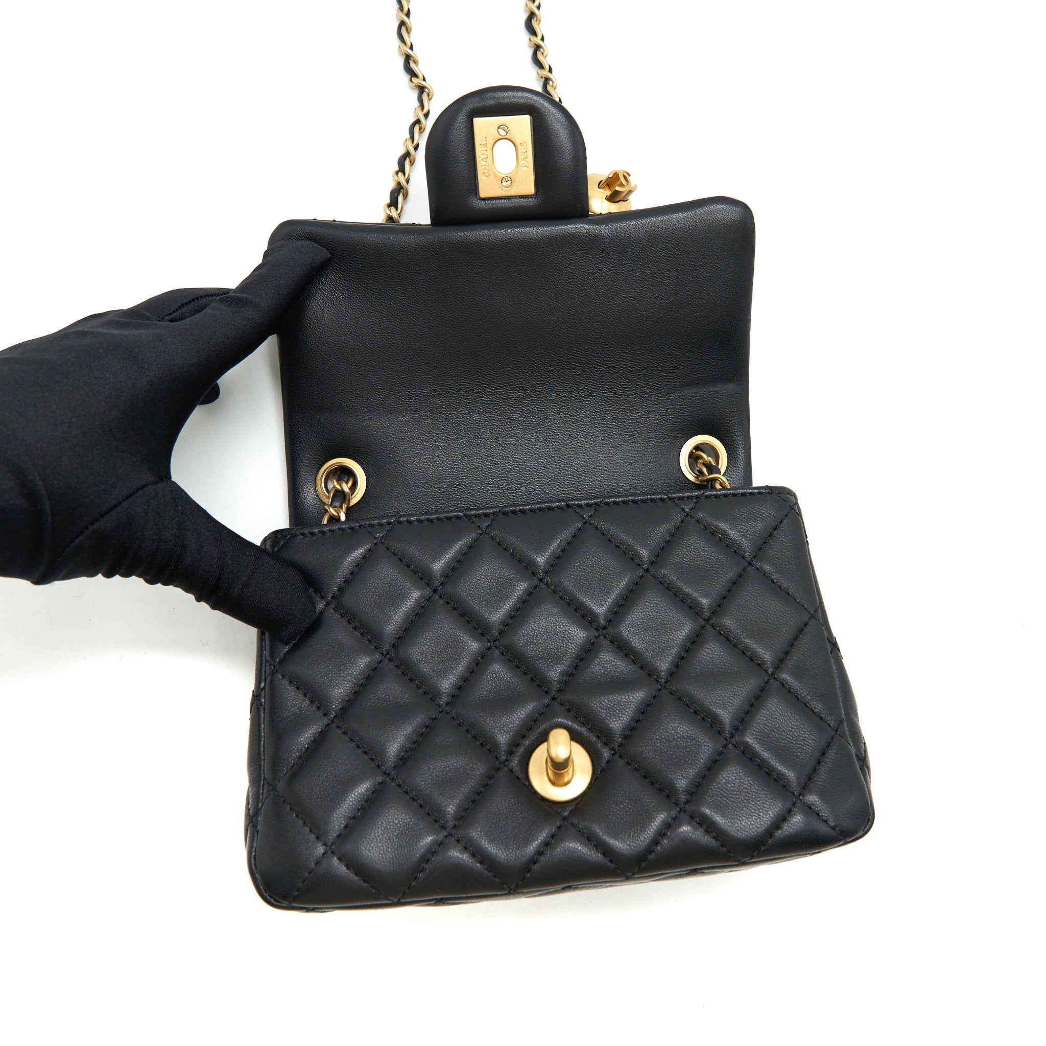 CHANEL PEARL CRUSH MINI SQUARE FLAP BAG LAMBSKIN BLACK GHW