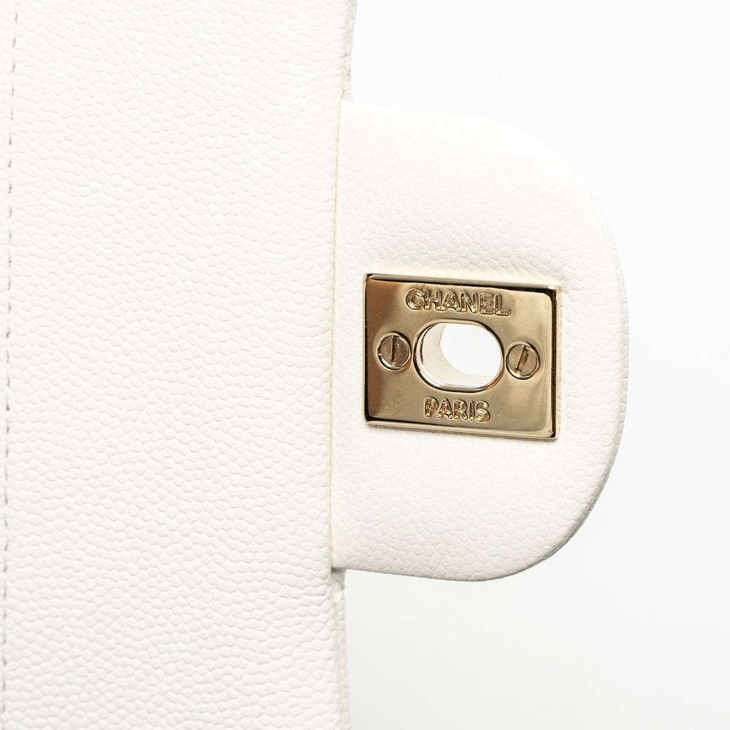 CHANEL SMALL CLASSIC DOUBLE FLAP BAG CAVIAR WHITE LGHW (MICROCHIP)