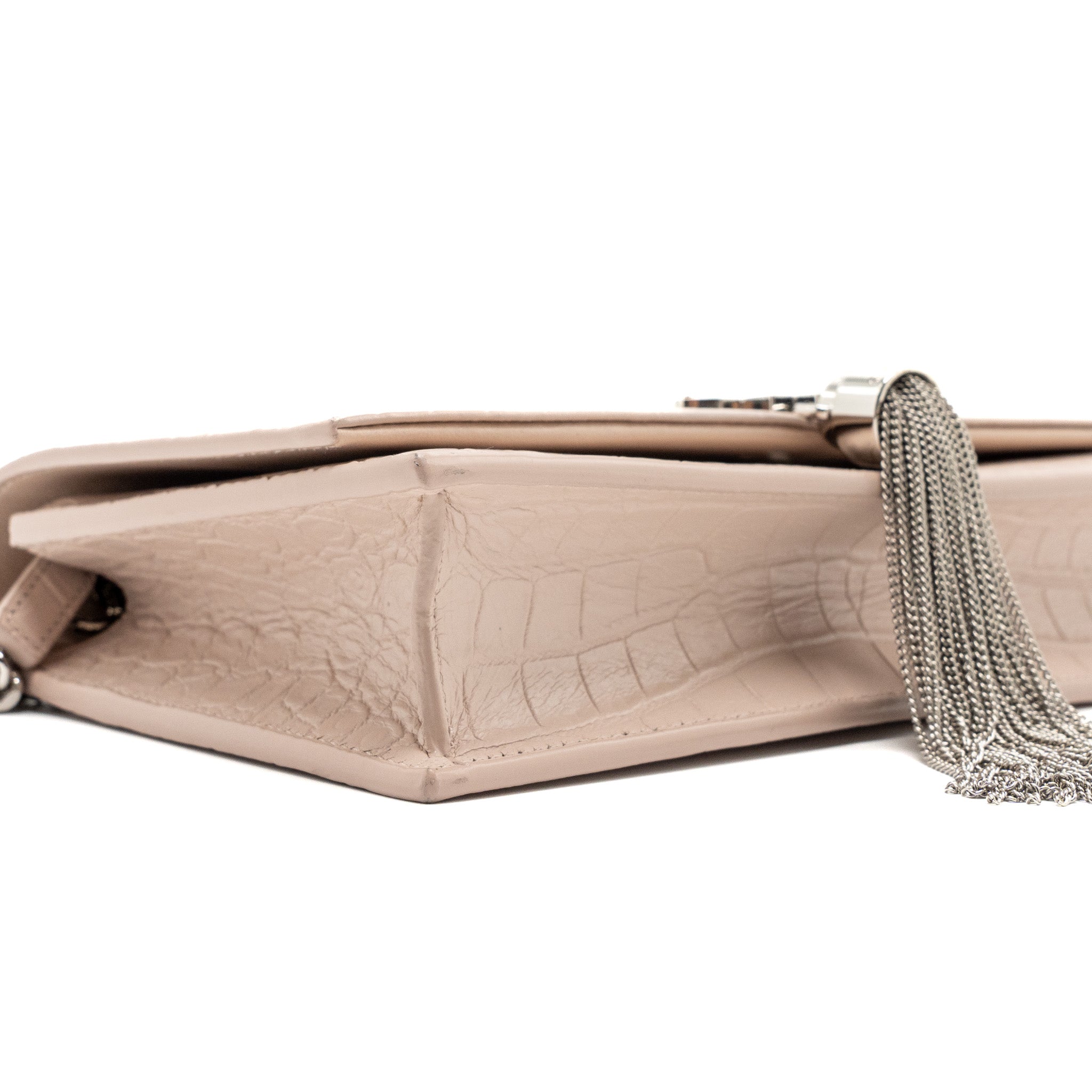 SAINT LAURENT KATE WALLET ON CHAIN CROC EMBOSSED LEATHER LIGHT PINK SHW