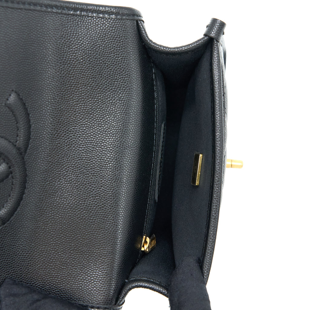 CHANEL 22K TOP HANDLE MESSENGER BAG CAVIAR BLACK BRUSHED GHW(MICROCHIP)