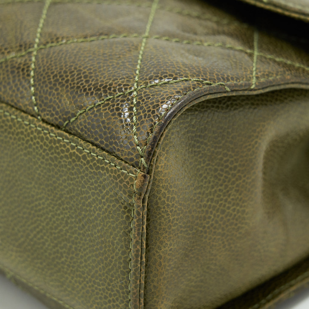 CHANEL QUILTED GRAINED CALFSKIN FLAP BAG OLIVE GREEN RUTHENIUM HARDWARE