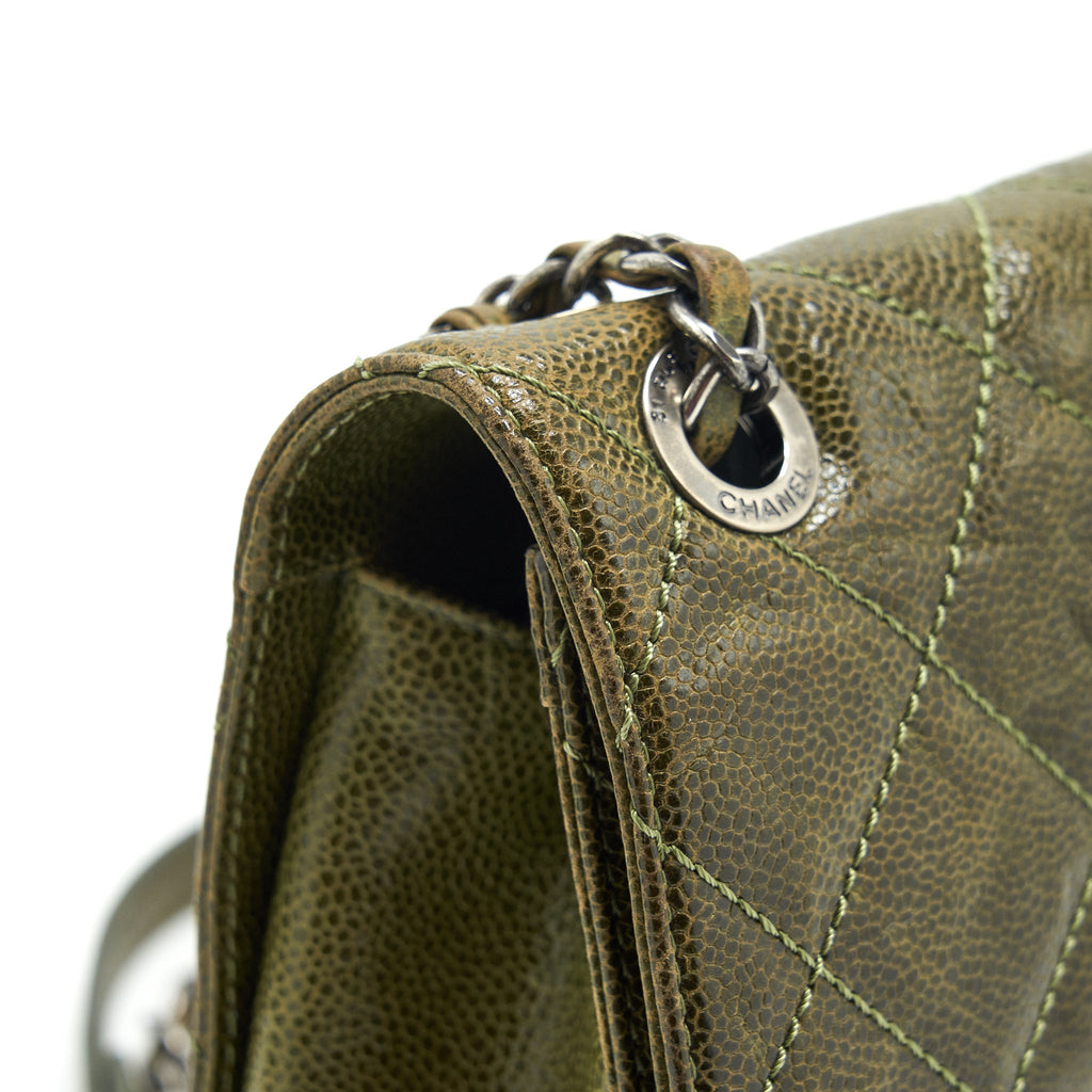 CHANEL QUILTED GRAINED CALFSKIN FLAP BAG OLIVE GREEN RUTHENIUM HARDWARE