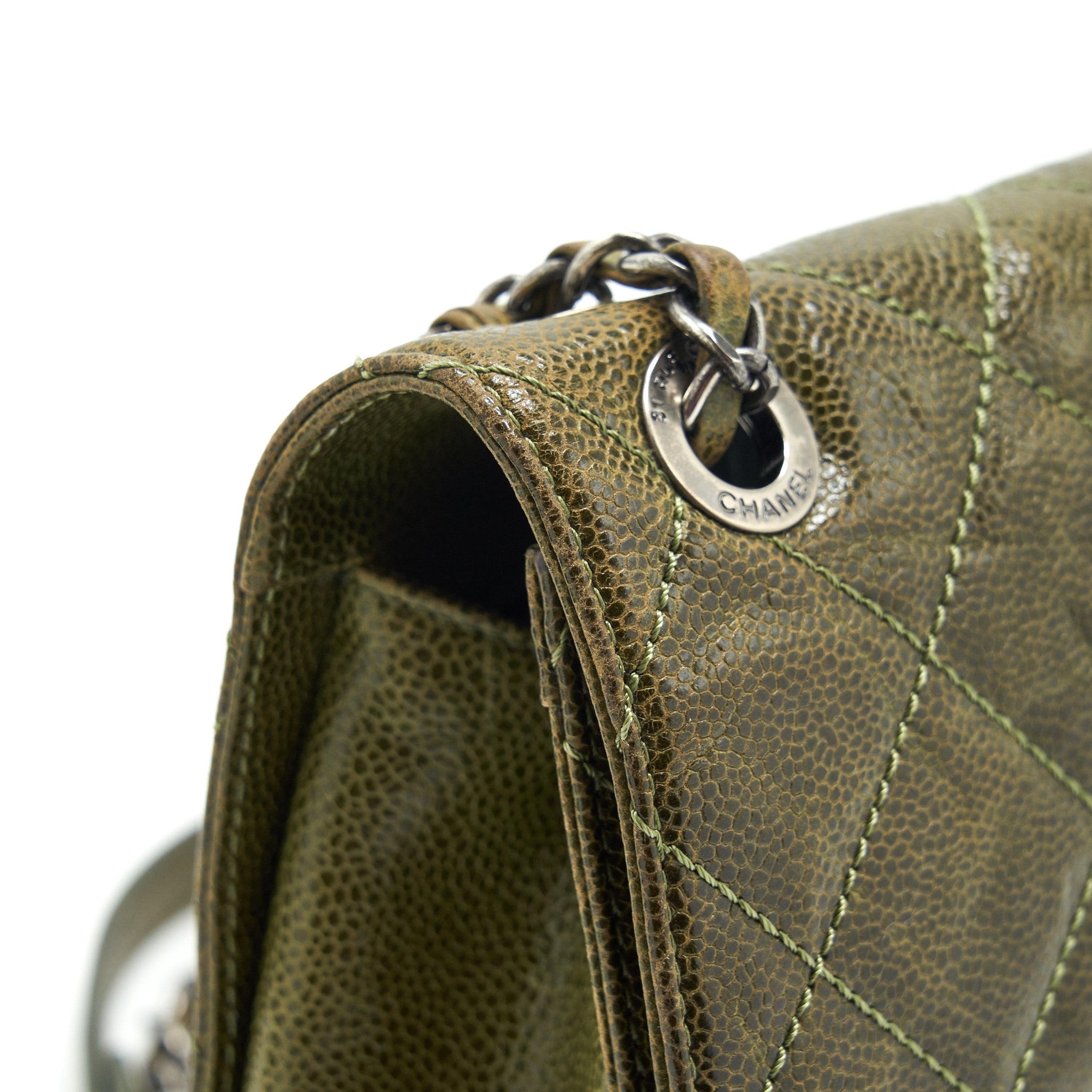 CHANEL QUILTED GRAINED CALFSKIN FLAP BAG OLIVE GREEN RUTHENIUM HARDWARE