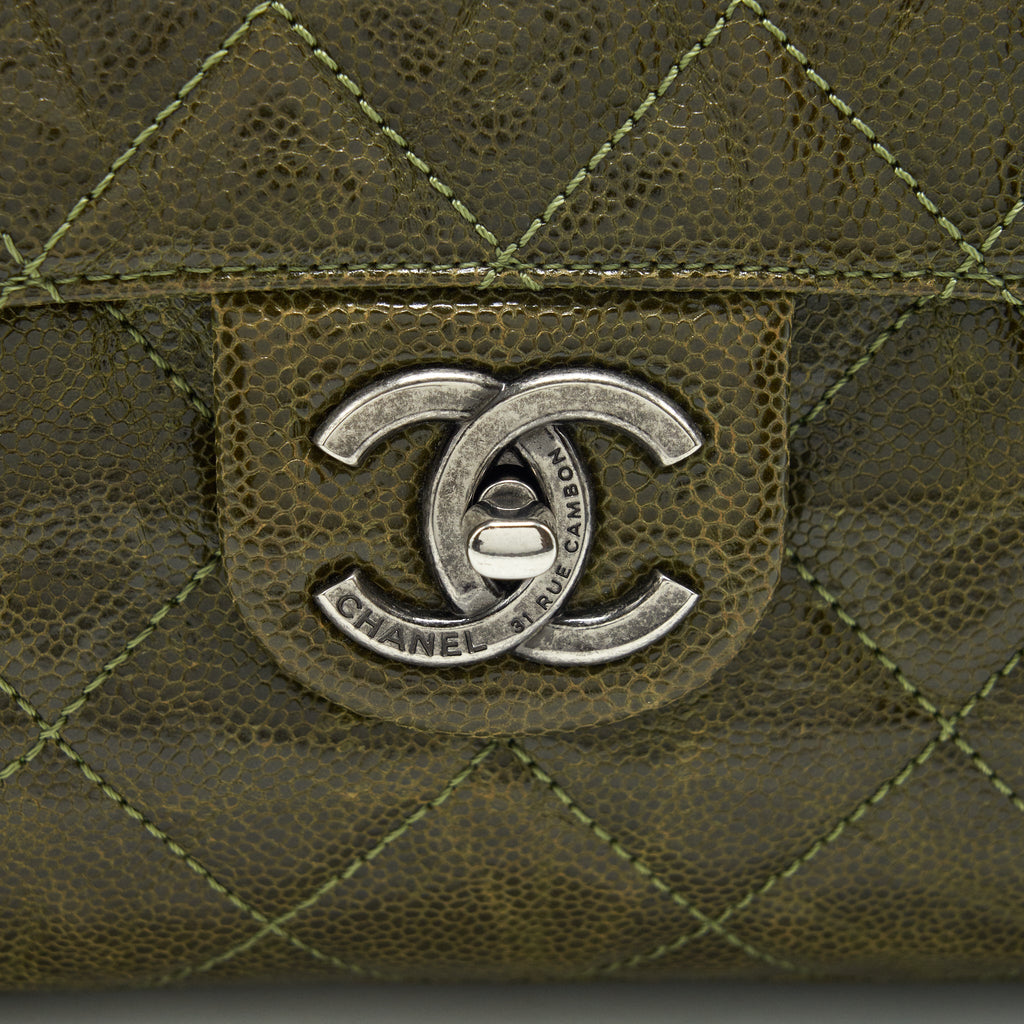 CHANEL QUILTED GRAINED CALFSKIN FLAP BAG OLIVE GREEN RUTHENIUM HARDWARE
