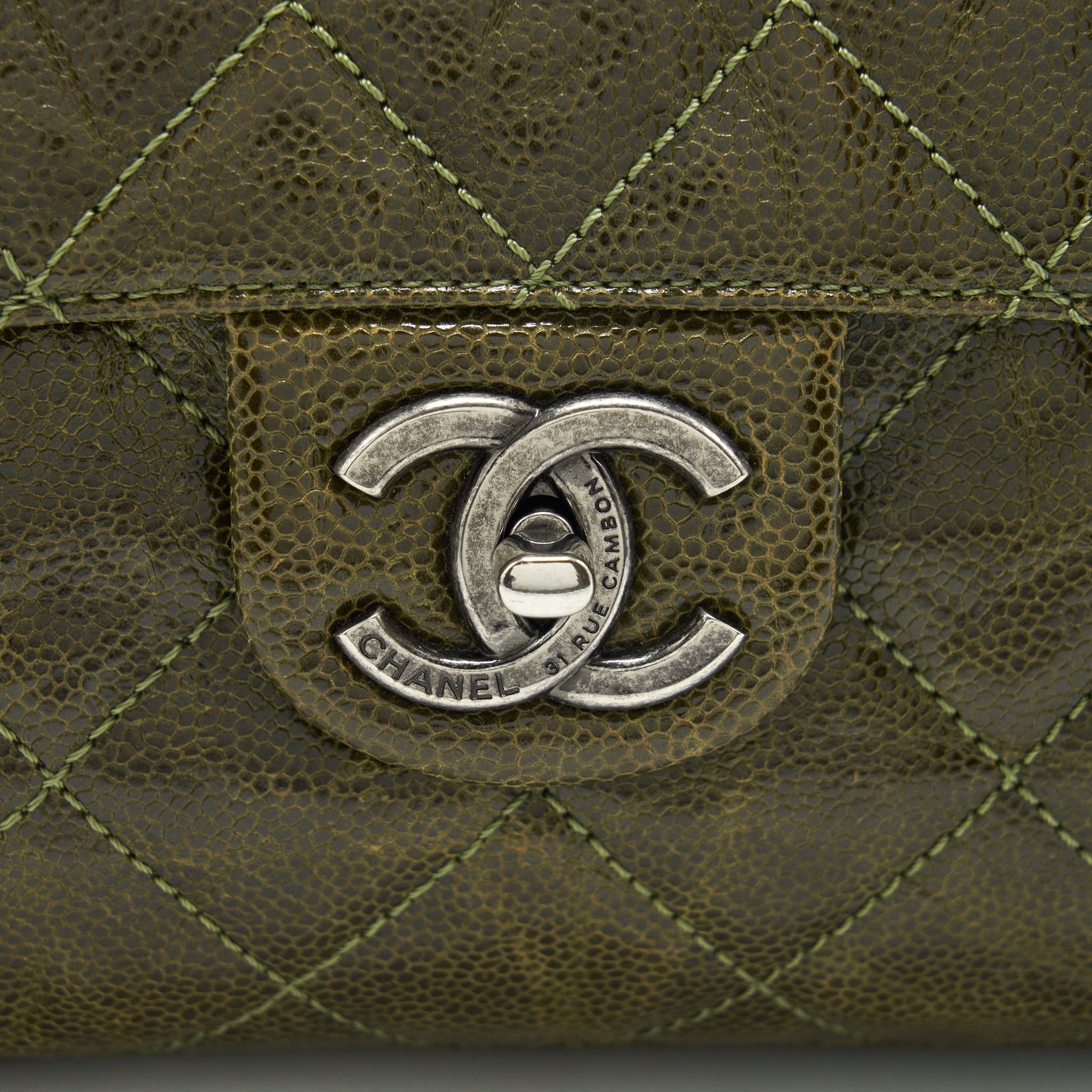 CHANEL QUILTED GRAINED CALFSKIN FLAP BAG OLIVE GREEN RUTHENIUM HARDWARE