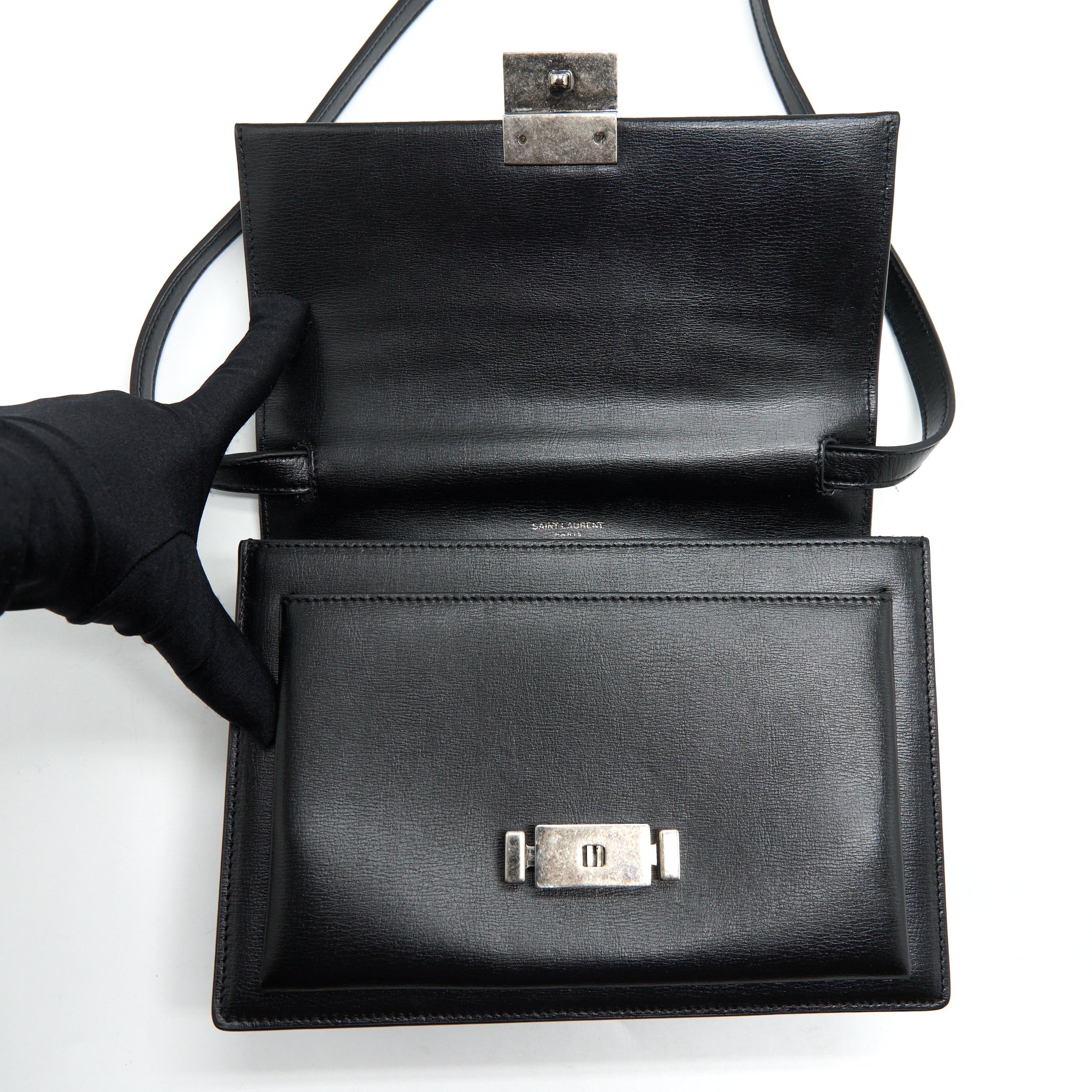 SAINT LAURENT/YSL BELLACHASSE CALFSKIN BLACK RUTHENIUM SLIVER HARDWARE
