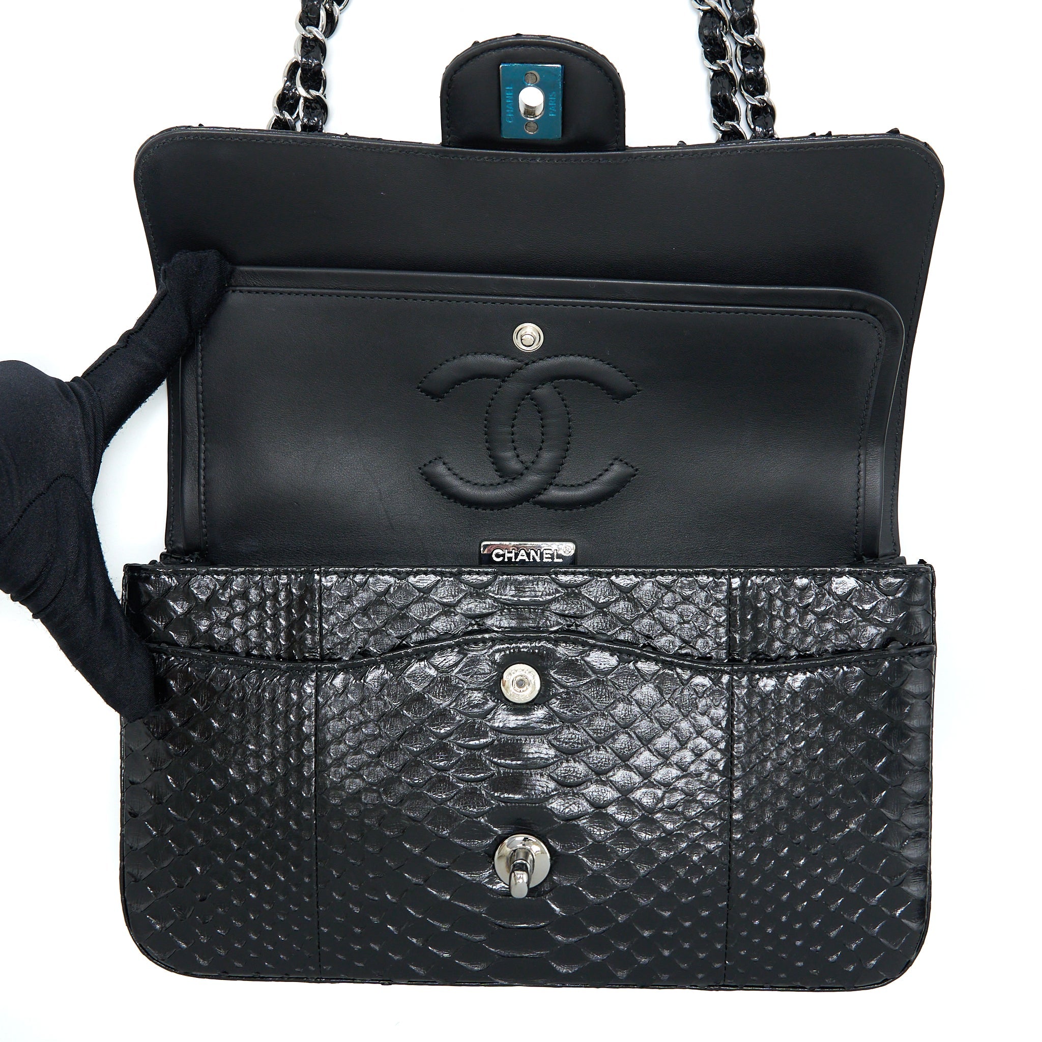 CHANEL MEDIUM CLASSIC DOUBLE FLAP BAG PYTHON BLACK SHW