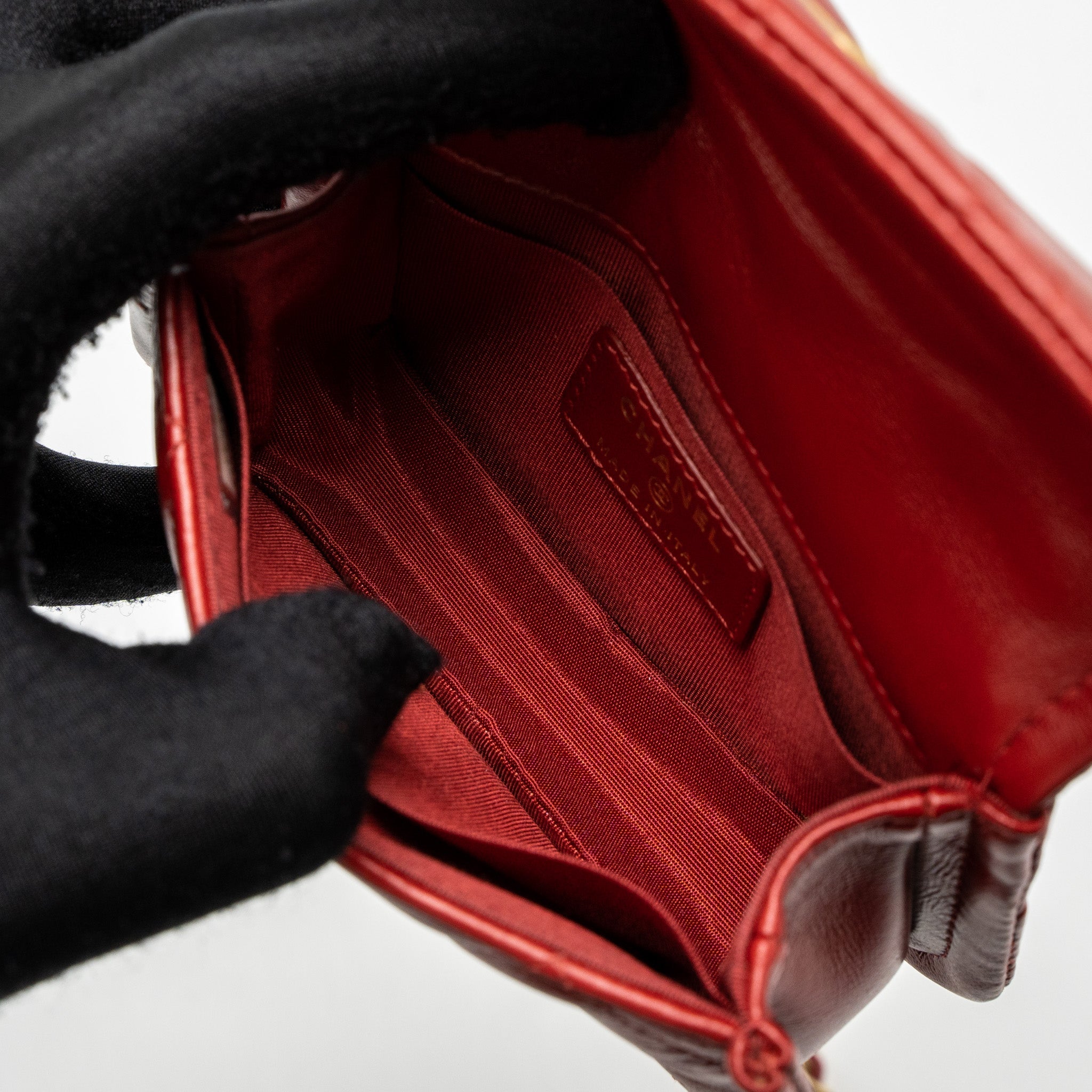 CHANEL QUILTED MINI FLAP BELT BAG LAMBSKIN RED BRUSHED GHW