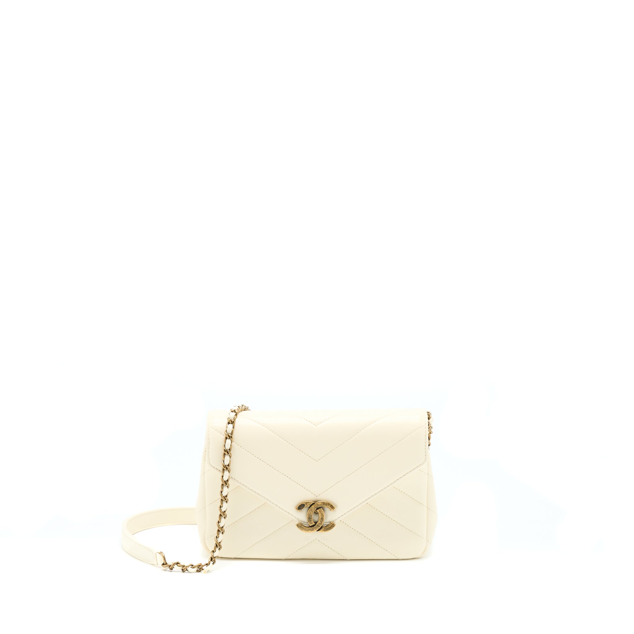 CHANEL ENVELOP CHEVRON FLAP BAG WHITE WITH RUTHENIUM GOLD HARDWARE