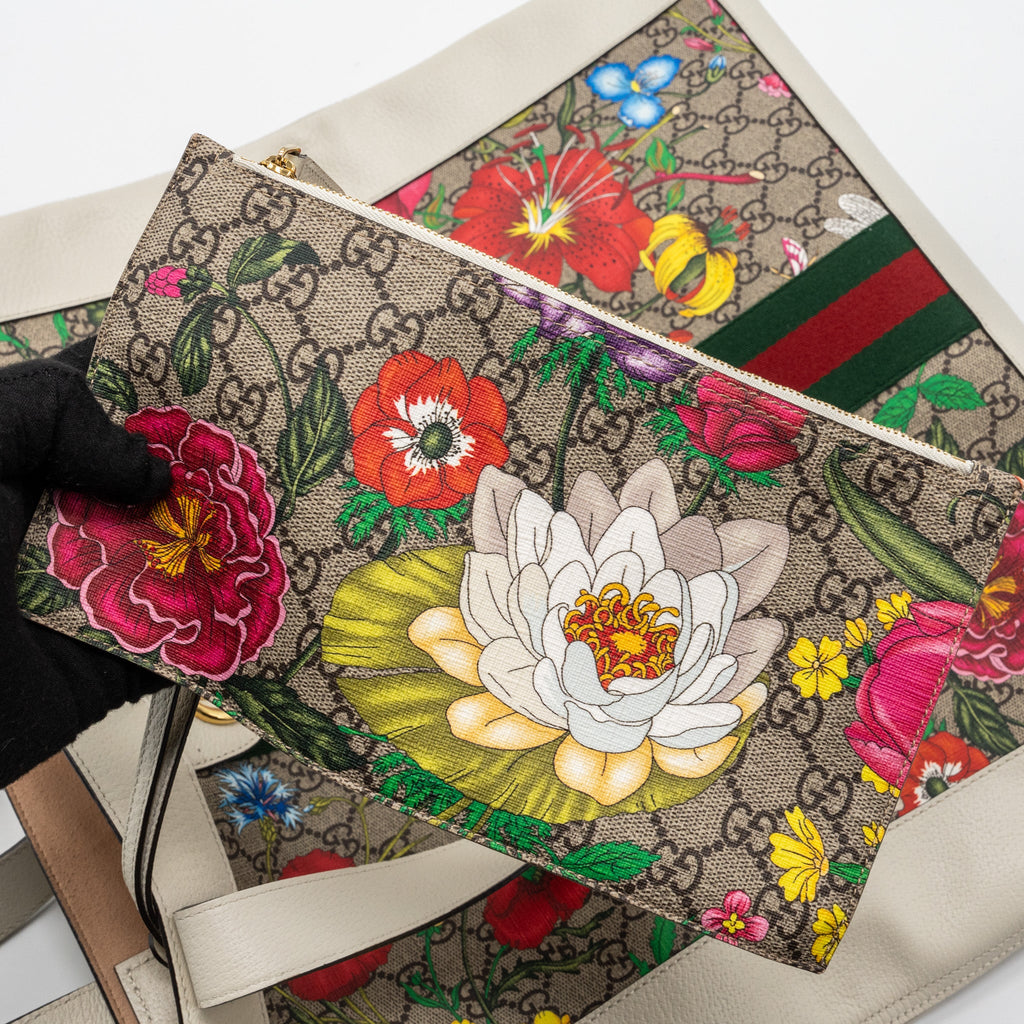 GUCCI OPHIDIA GG LEATHER TRIMMED FLORA PRINTED COATED CANVAS TOTE MULITCOLOUR GHW