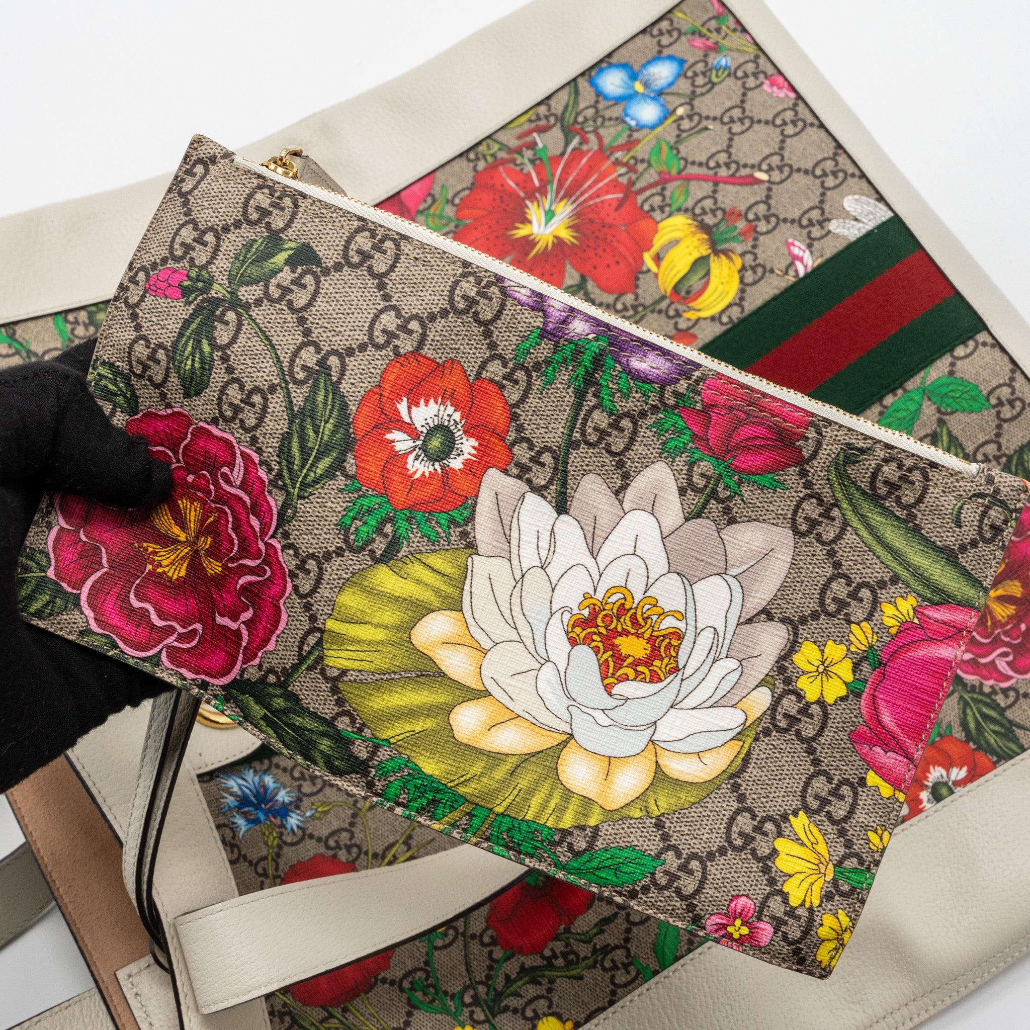 GUCCI OPHIDIA GG LEATHER TRIMMED FLORA PRINTED COATED CANVAS TOTE MULITCOLOUR GHW