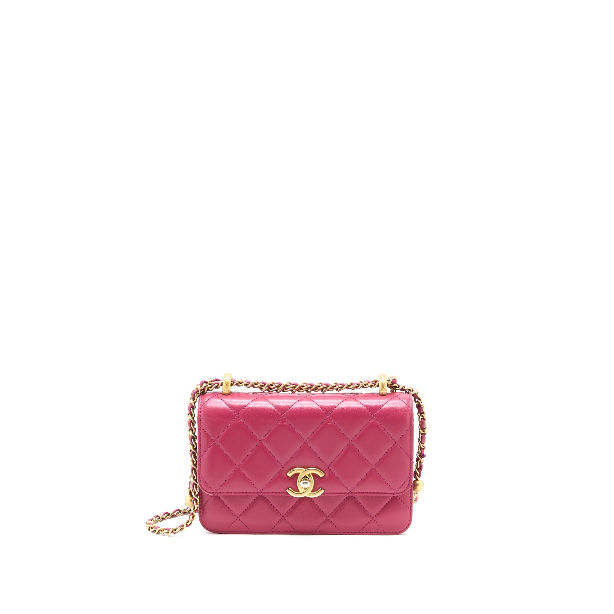 CHANEL 21A SMALL GOLD CRUSH FLAP BAG CALFSKIN RASPBERRY PINK BRUSHED GHW (MICROCHIP)