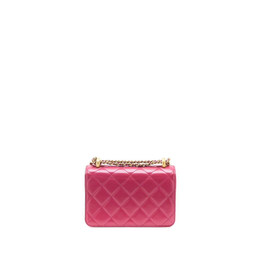 CHANEL 21A SMALL GOLD CRUSH FLAP BAG CALFSKIN RASPBERRY PINK BRUSHED GHW (MICROCHIP)