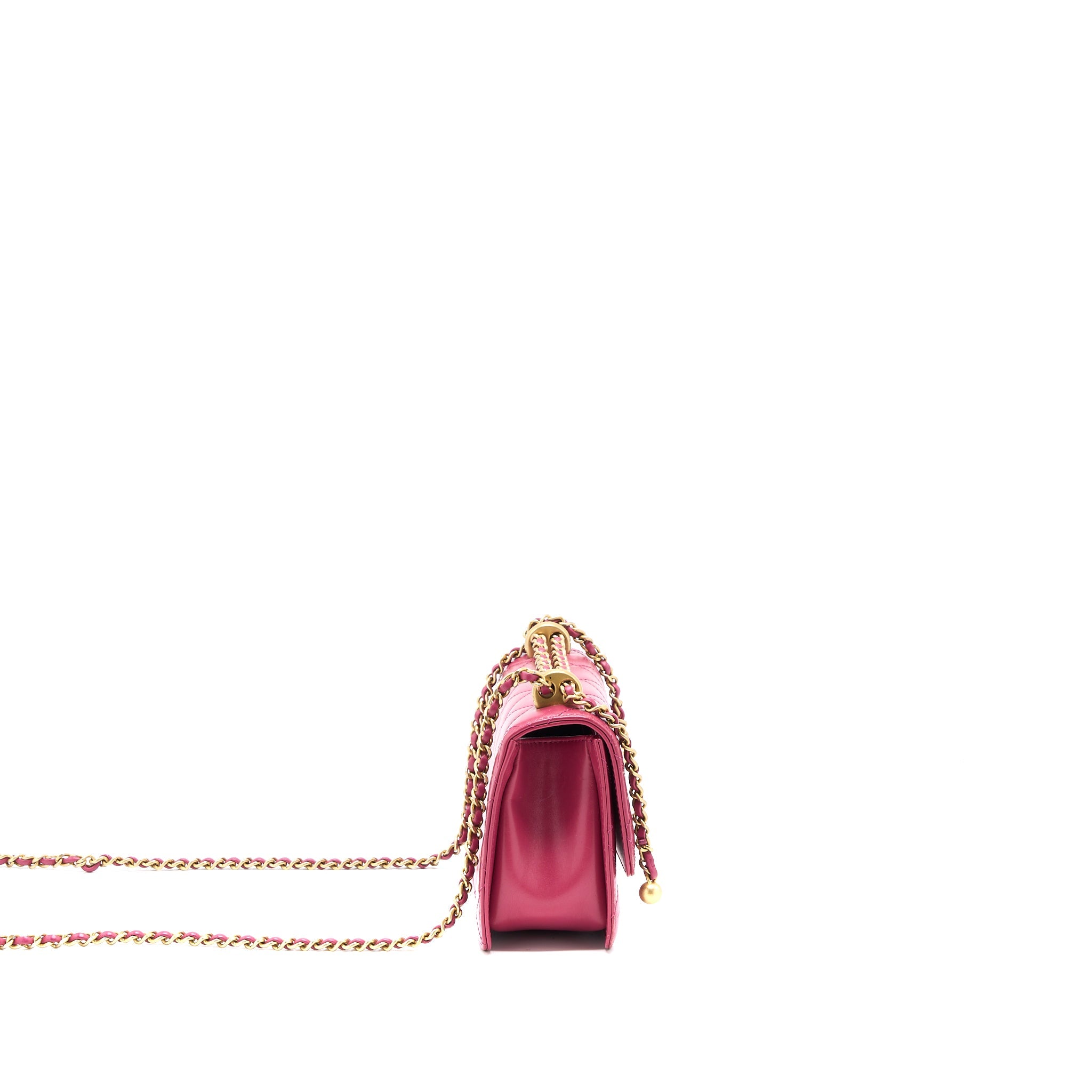 CHANEL 21A SMALL GOLD CRUSH FLAP BAG CALFSKIN RASPBERRY PINK BRUSHED GHW (MICROCHIP)