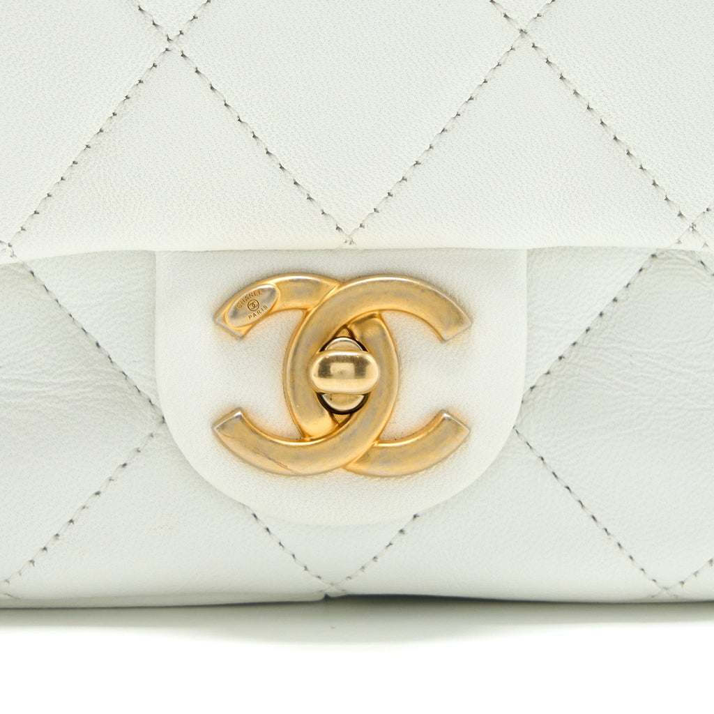CHANEL CIRCULAR HANDLE QUILTED FLAP BAG LAMBSKIN WHITE BRUSHED GHW