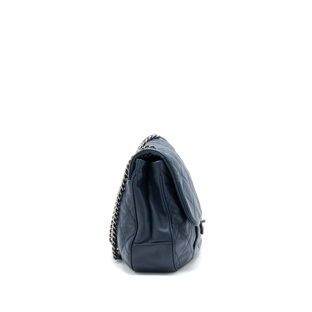 CHANEL FLAP HOBO BAG CALFSKIN NAVY WITH RUTHENIUM SLIVER HARDWARE