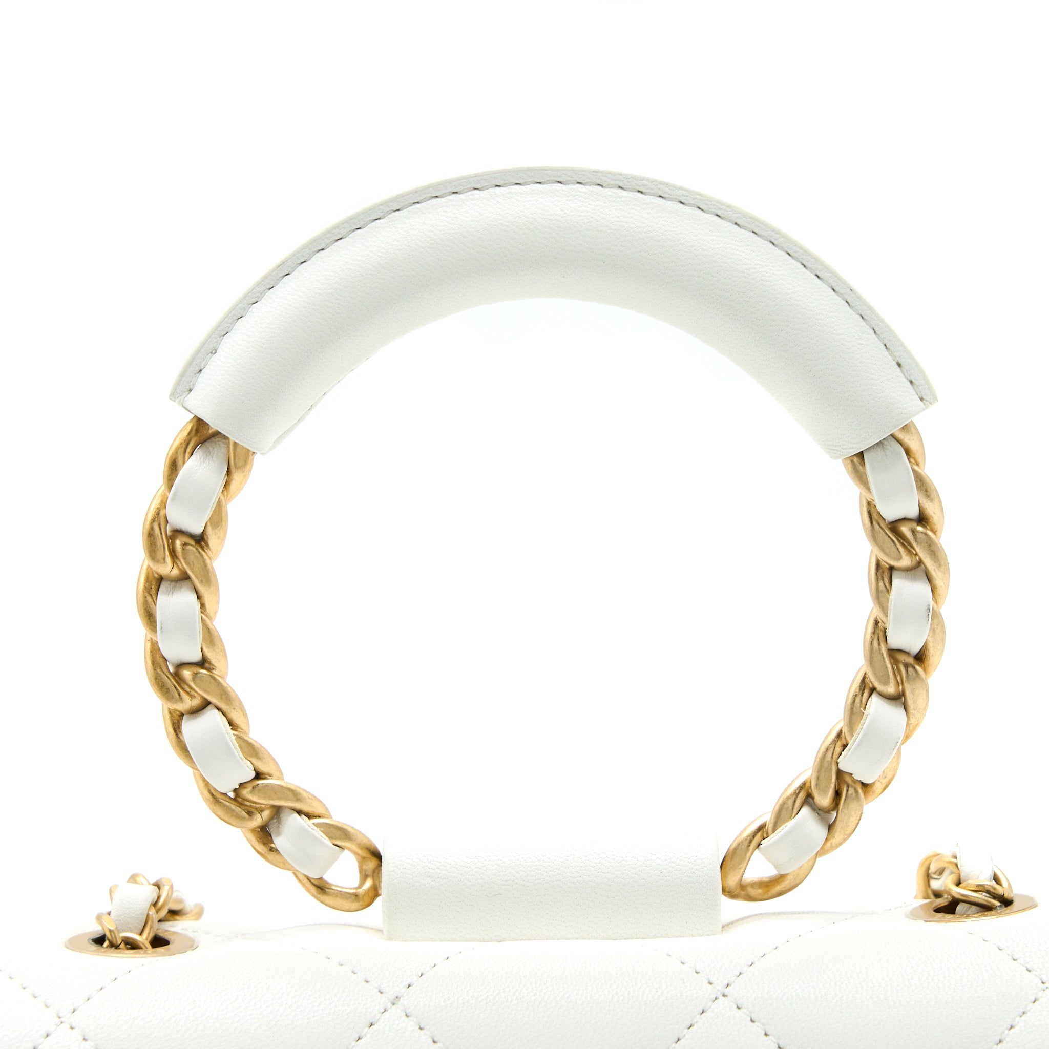 CHANEL CIRCULAR HANDLE QUILTED FLAP BAG LAMBSKIN WHITE BRUSHED GHW