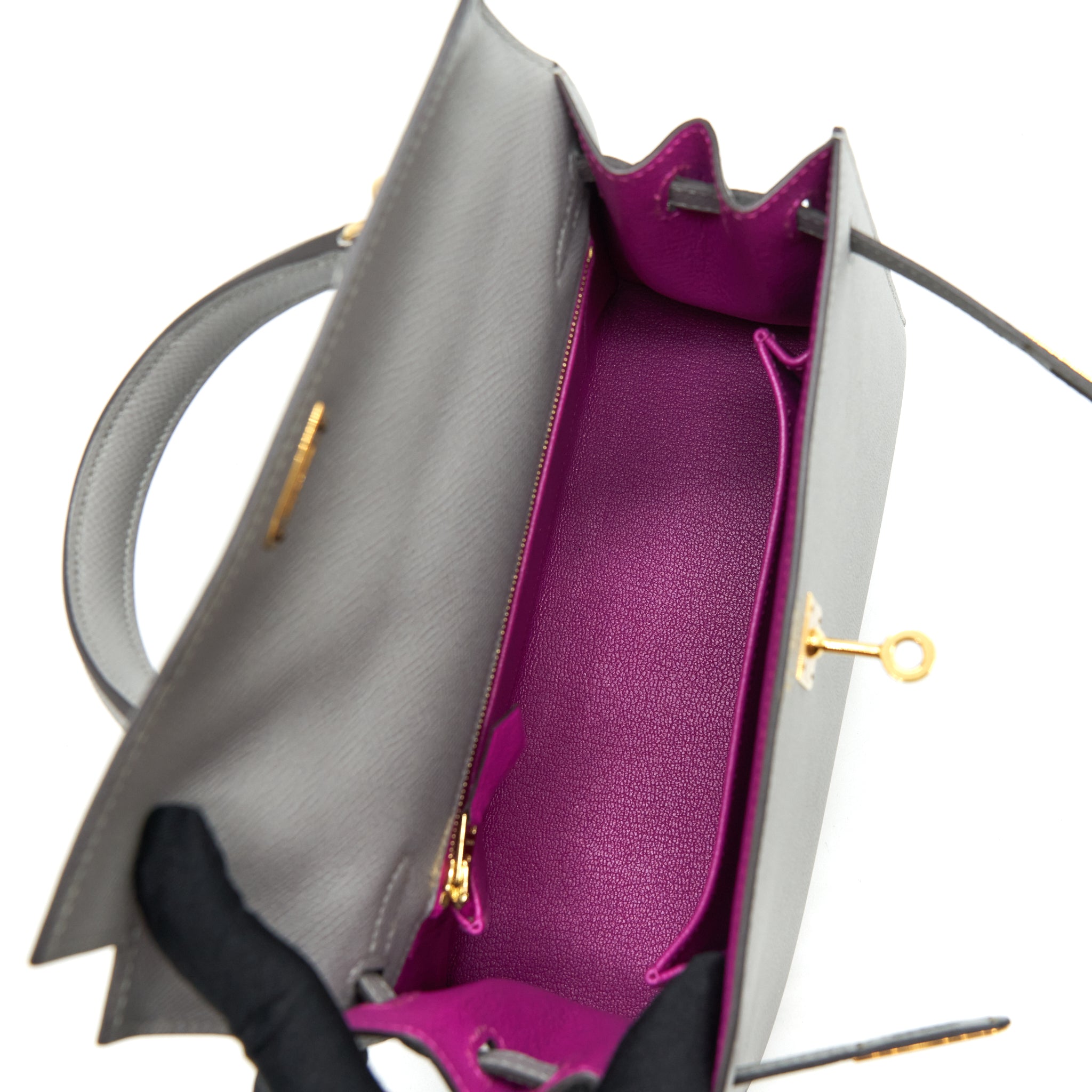 HERMES KELLY SELLIER 25 SPECIAL ORDER EPSOM GRIS MOTTE /ROSE PURPLE GHW