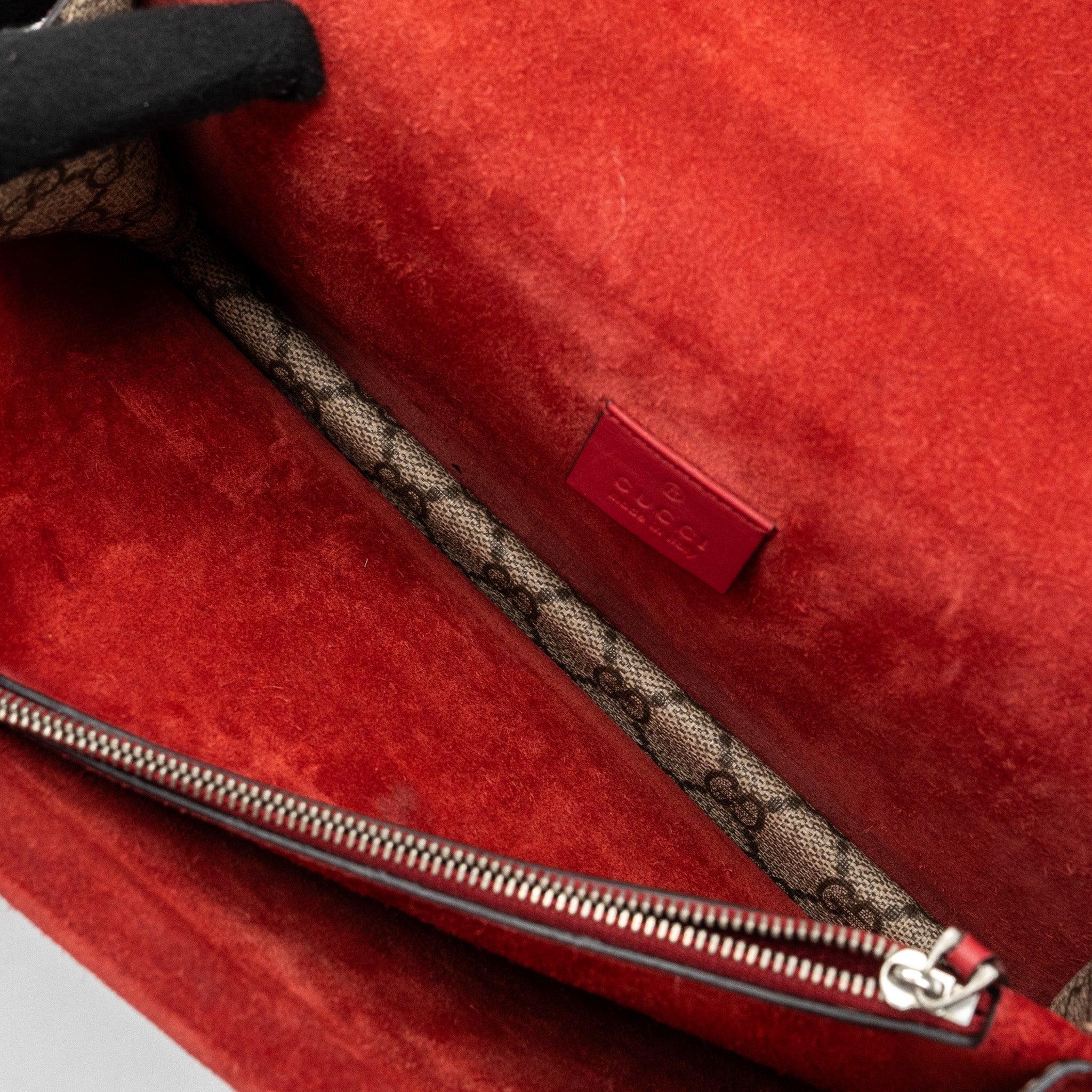 GUCCI SMALL DIONYSUS GG SHOULDER BAG GG SUPREME CANVAS/ RED SHW
