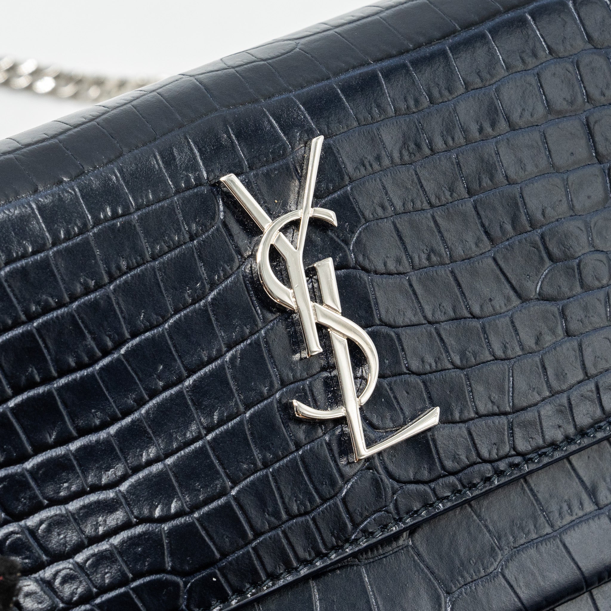 SAINT LAURENT/YSL MINI SUNSET BAG CROCODILE-EMBOSSED CALFSKIN NAVY SHW