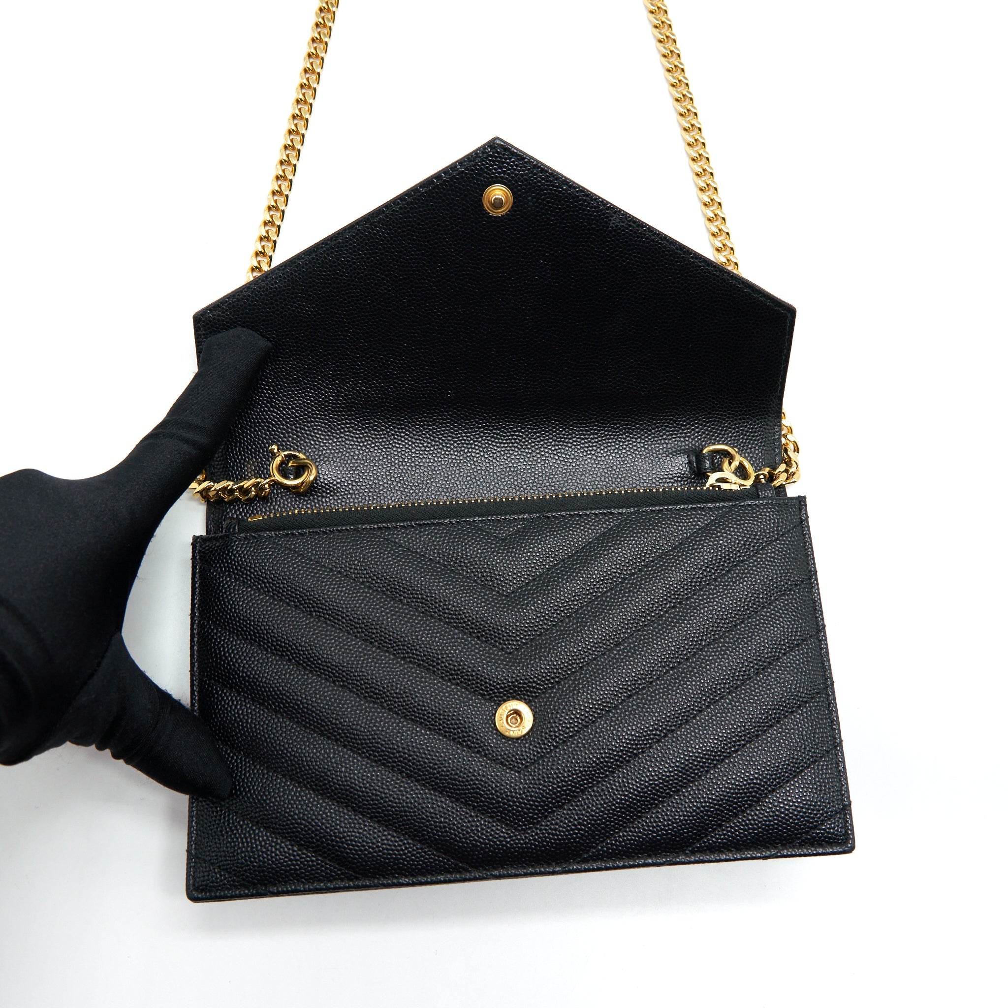 SAINT LAURENT/YSL ENVELOP CHAIN WALLET CAVIAR BLACK GHW