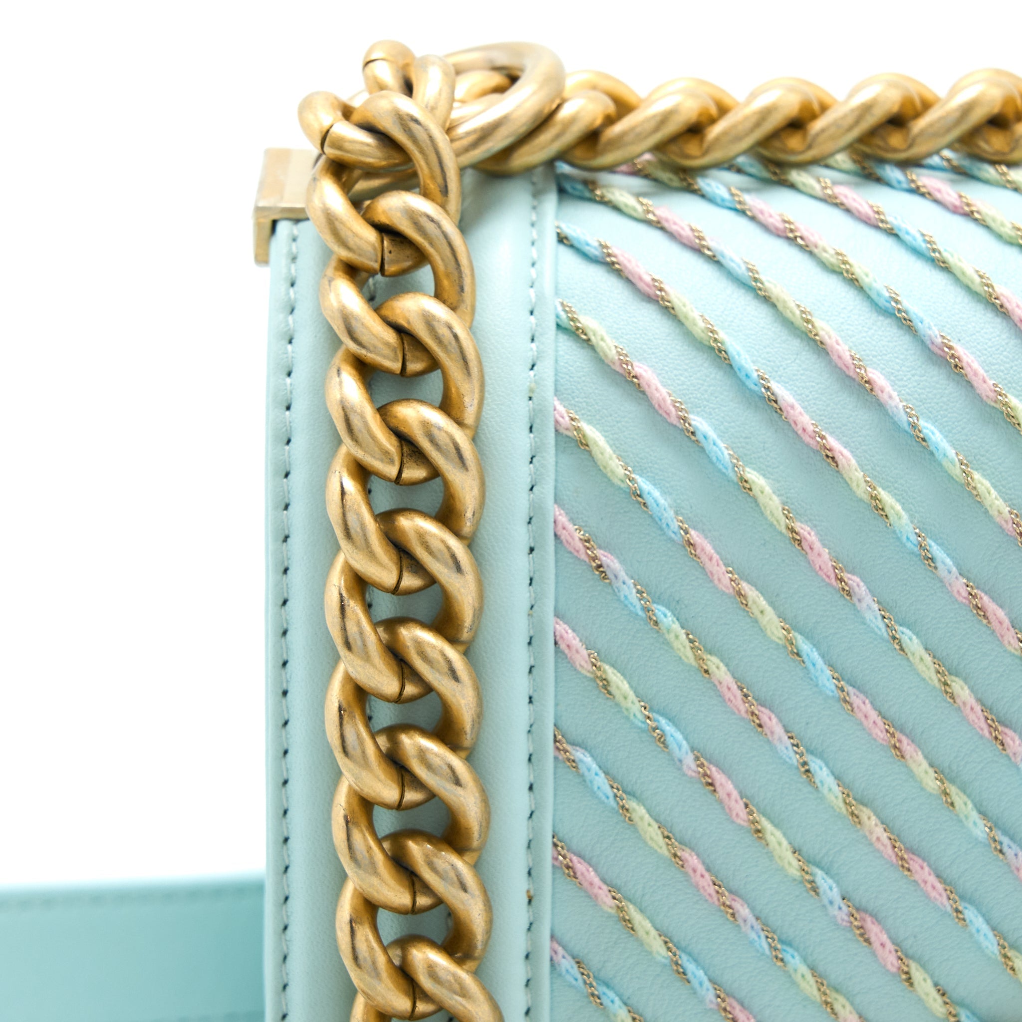 CHANEL SMALL BOY BAG CHEVRON CALFSKIN LIGHT BLUE/MULTICOLOUR BRUSHED GHW