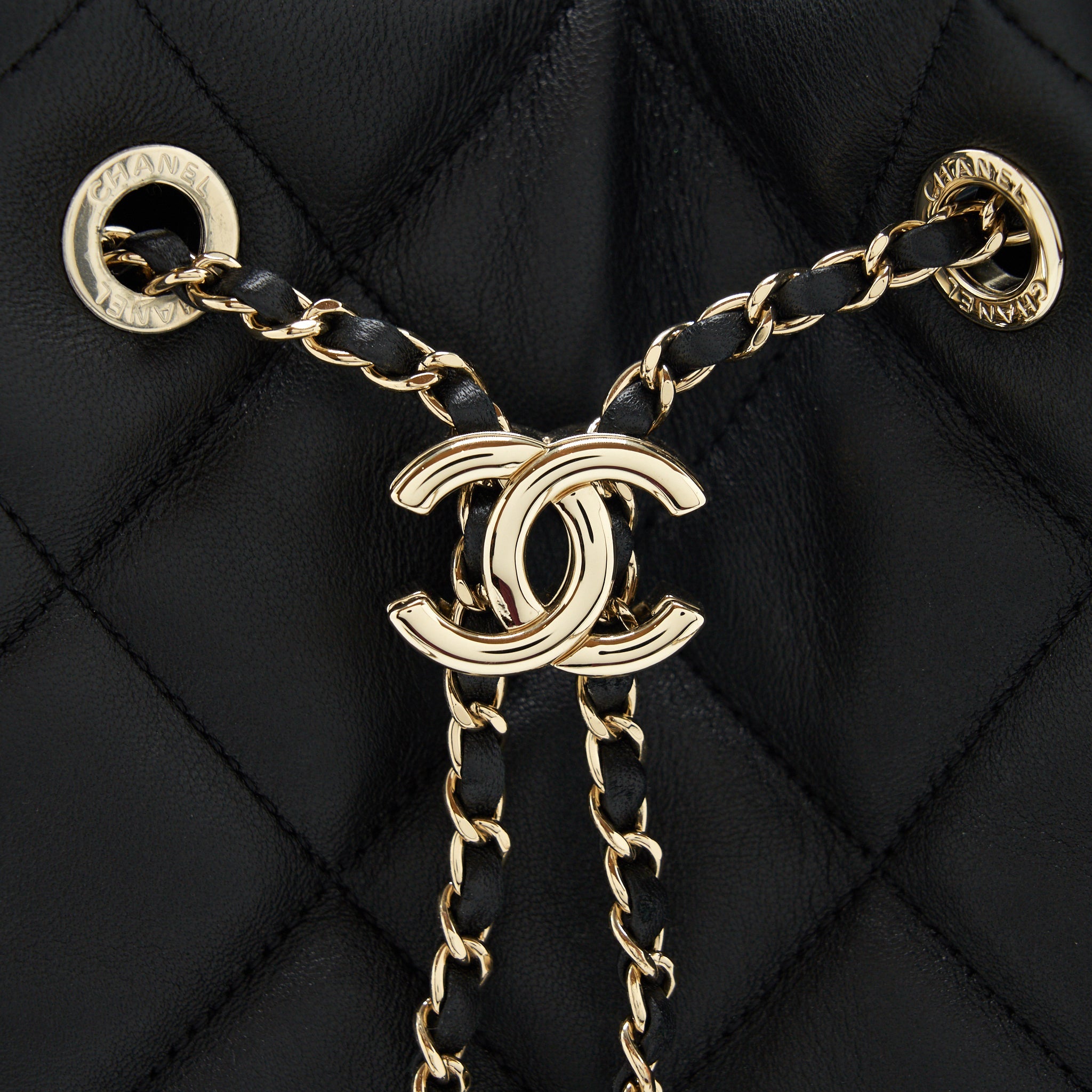 CHANEL DRAWSTRING BUCKET BAG QUILTED LAMBSKIN BLACK LGHW
