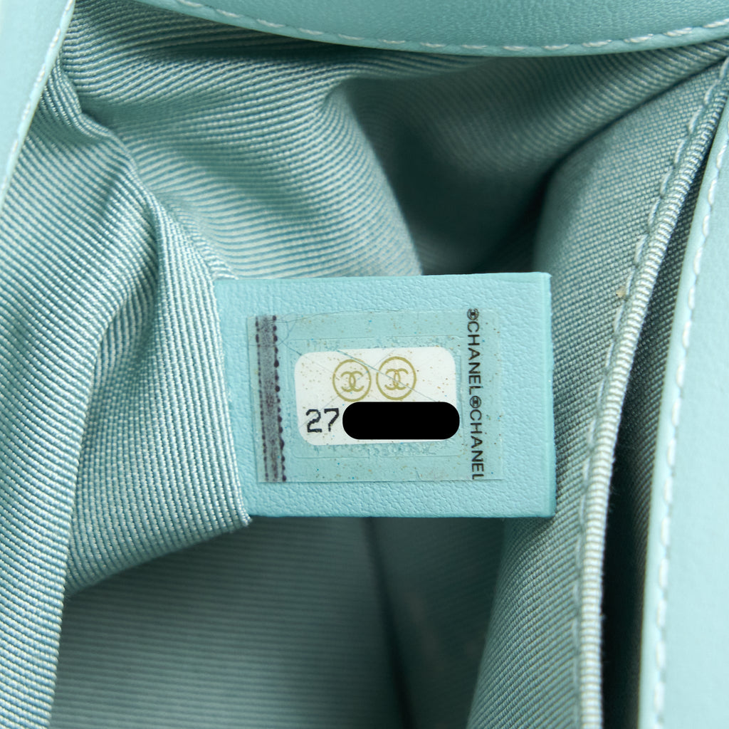 CHANEL SMALL BOY BAG CHEVRON CALFSKIN LIGHT BLUE/MULTICOLOUR BRUSHED GHW