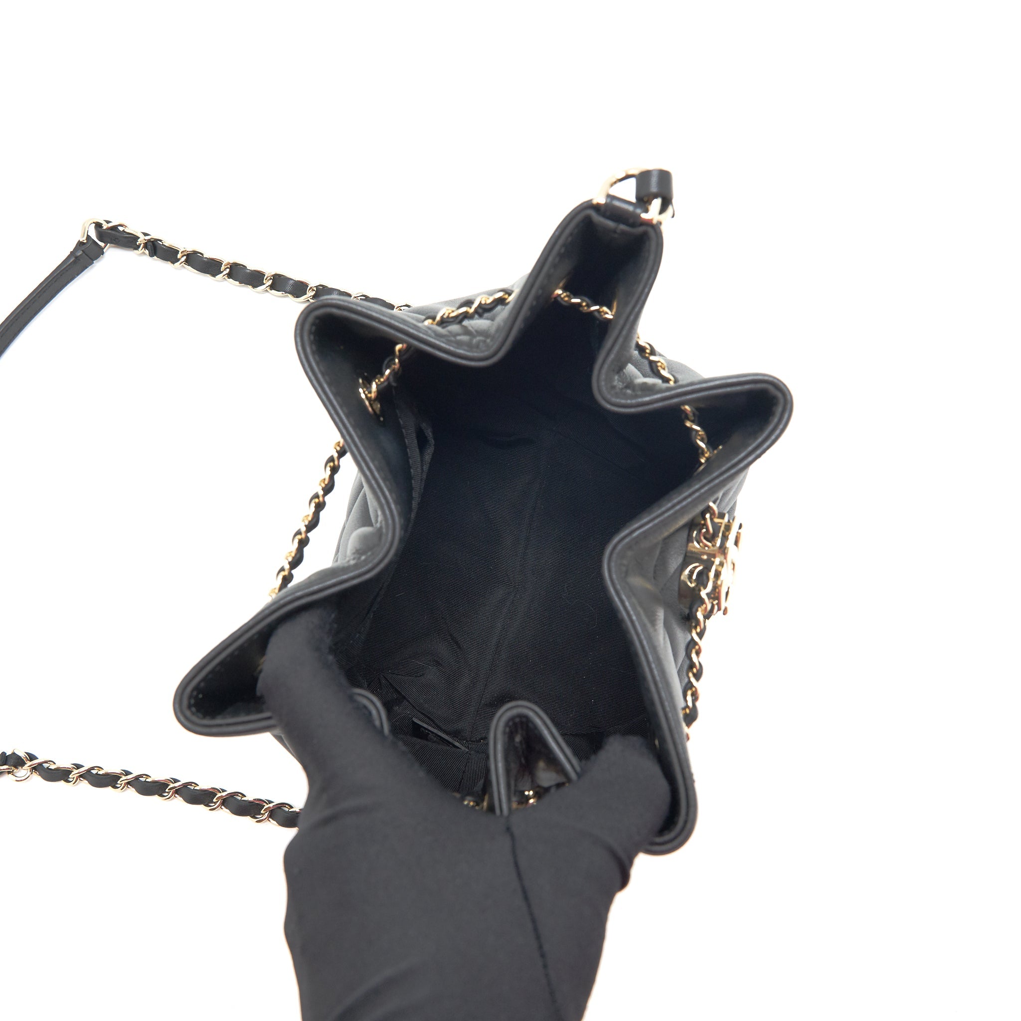 CHANEL DRAWSTRING BUCKET BAG QUILTED LAMBSKIN BLACK LGHW