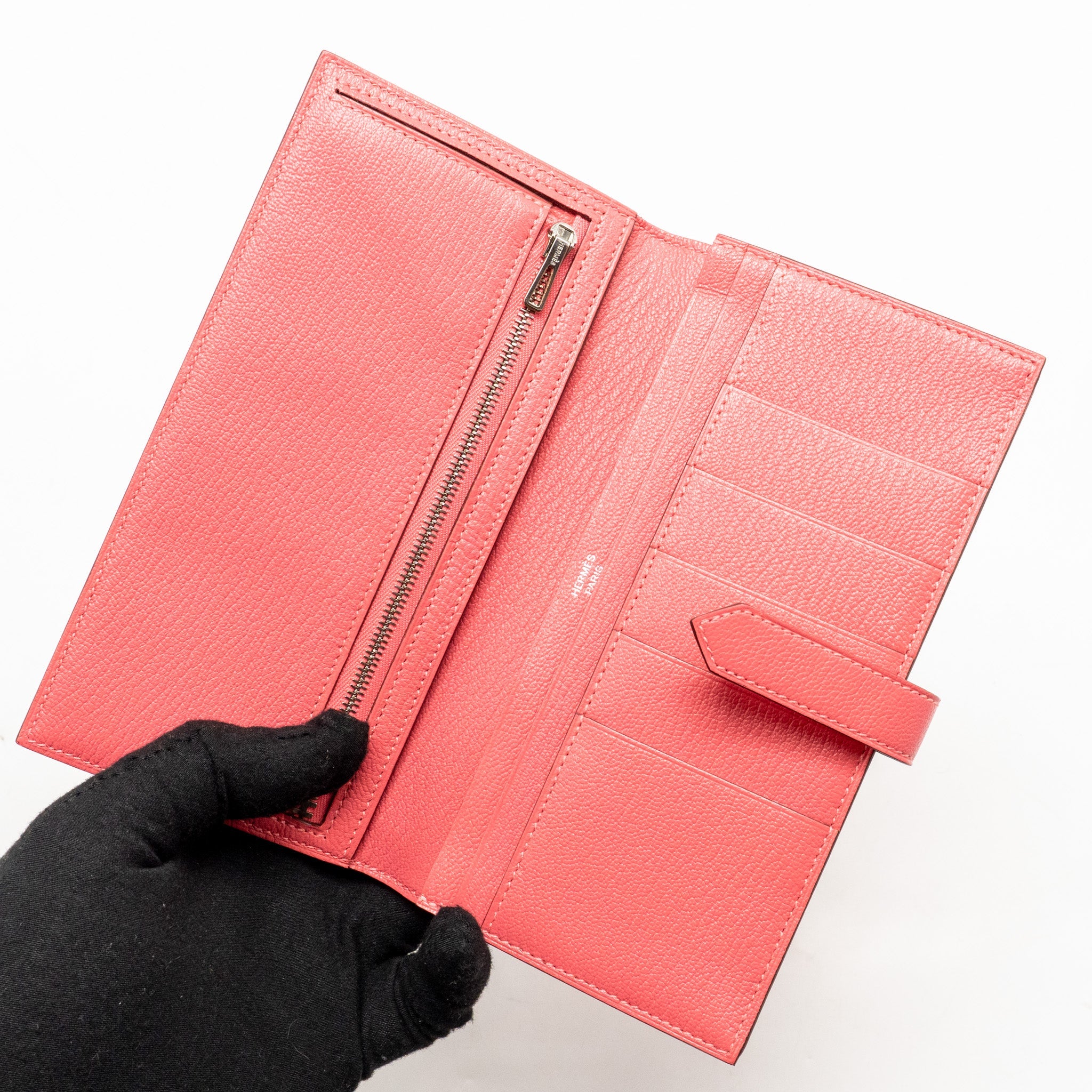 HERMES BÉARN SOUFFLET WALLET CHEVRE MYSORE ROSE LIPSTICK SHW