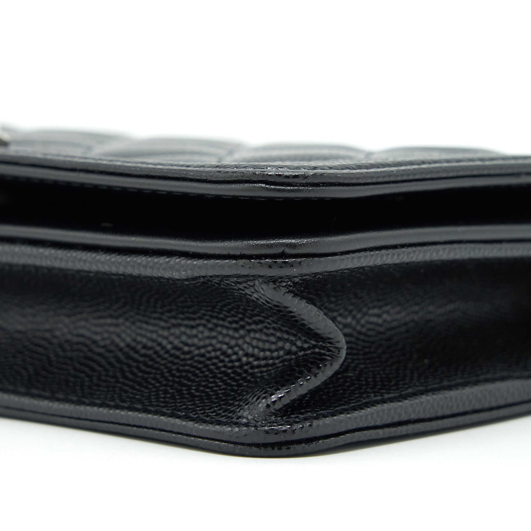 CHANEL BOY WALLET ON CHAIN CAVIAR BLACK RUTHENIUM SLIVER HARDWARE (MICROCHIP）