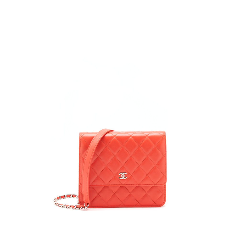 CHANEL SQUARE WALLET ON CHAIN CORAL RED LAMBSKIN SHW