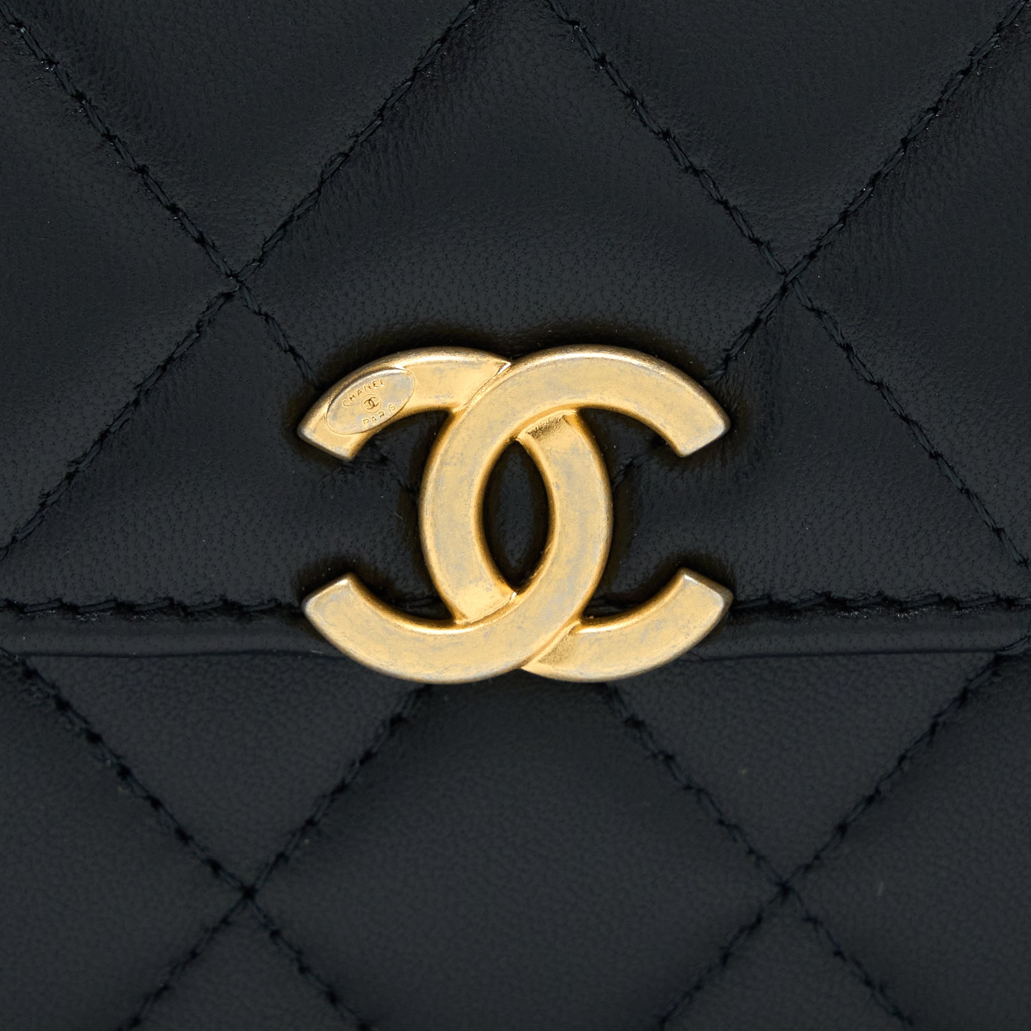 CHANEL 22B FLAP BAG WITH ENAMEL TOP HANDLE LAMBSKIN BLACK GHW