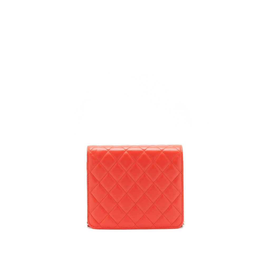 CHANEL SQUARE WALLET ON CHAIN CORAL RED LAMBSKIN SHW