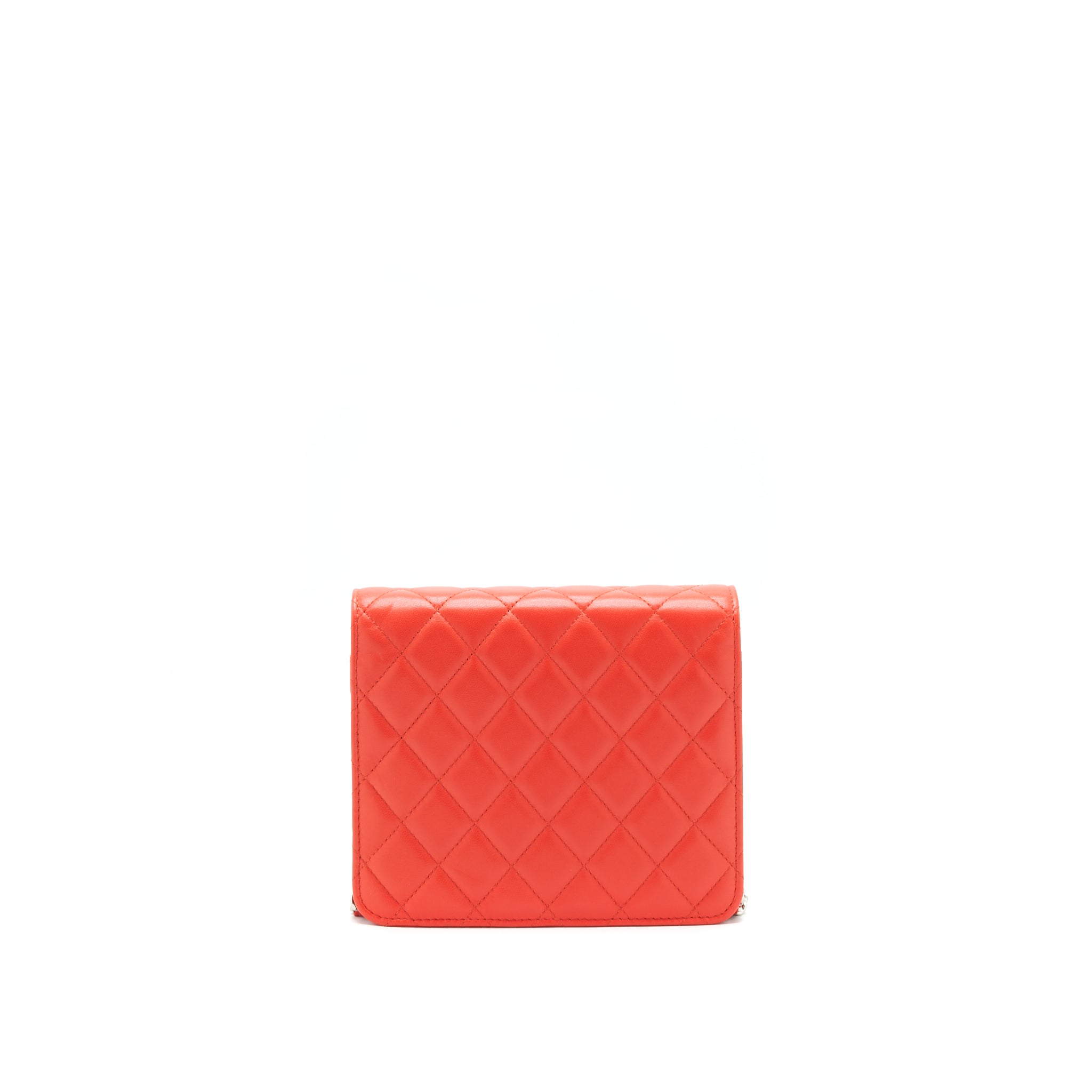 CHANEL SQUARE WALLET ON CHAIN CORAL RED LAMBSKIN SHW