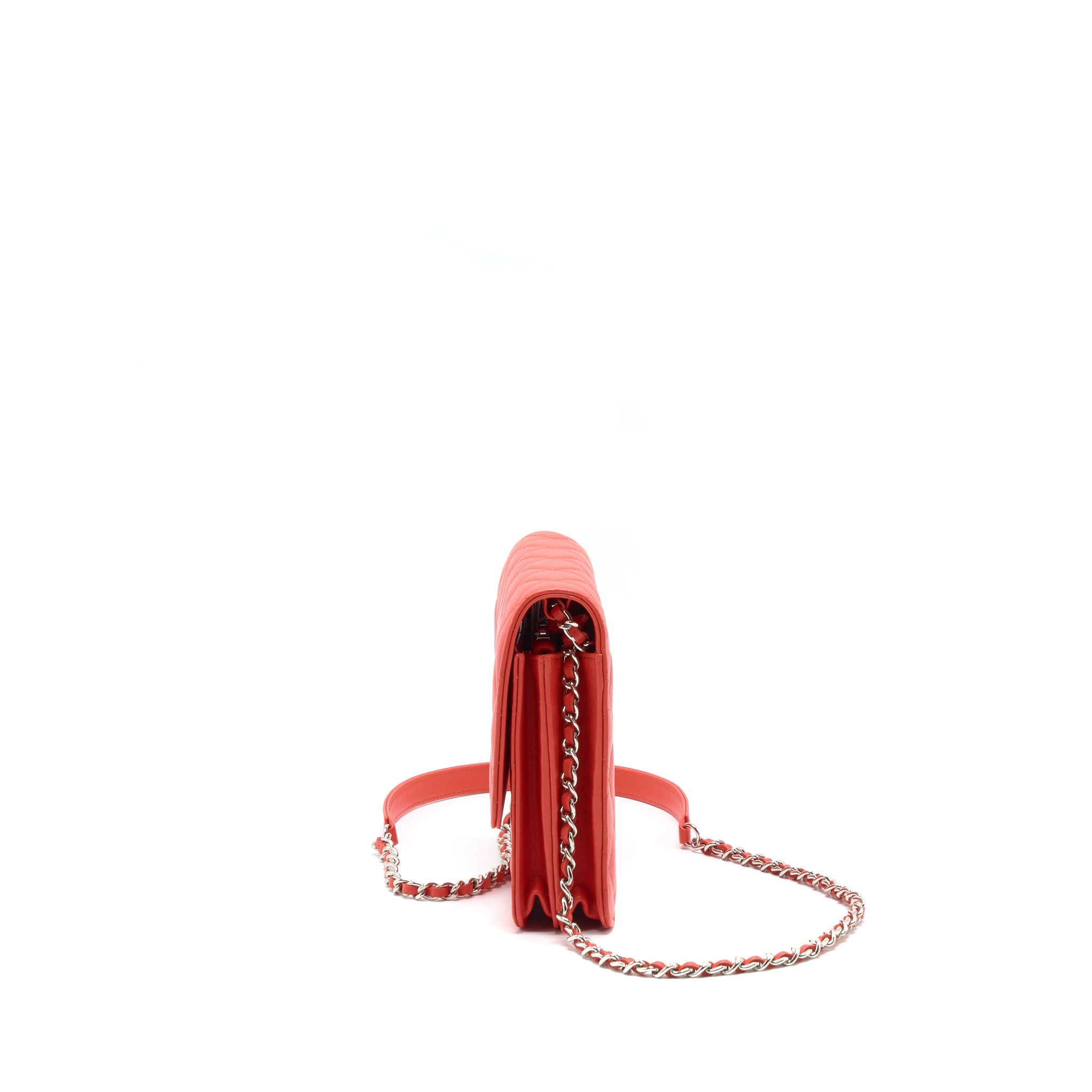 CHANEL SQUARE WALLET ON CHAIN CORAL RED LAMBSKIN SHW