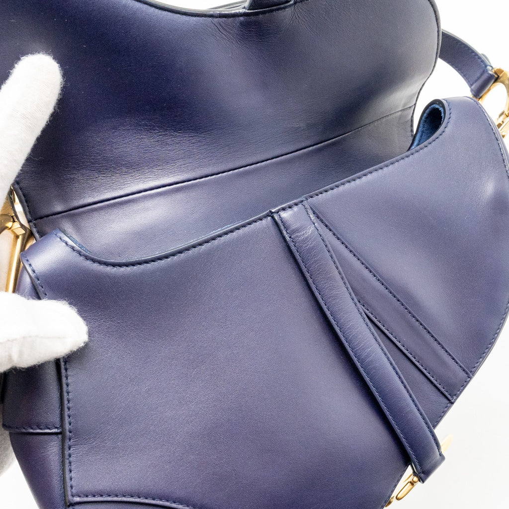 DIOR MEDIUM SADDLE BAG CALFSKIN NAVY GHW WITH BLACK OBLIQUE STRAP