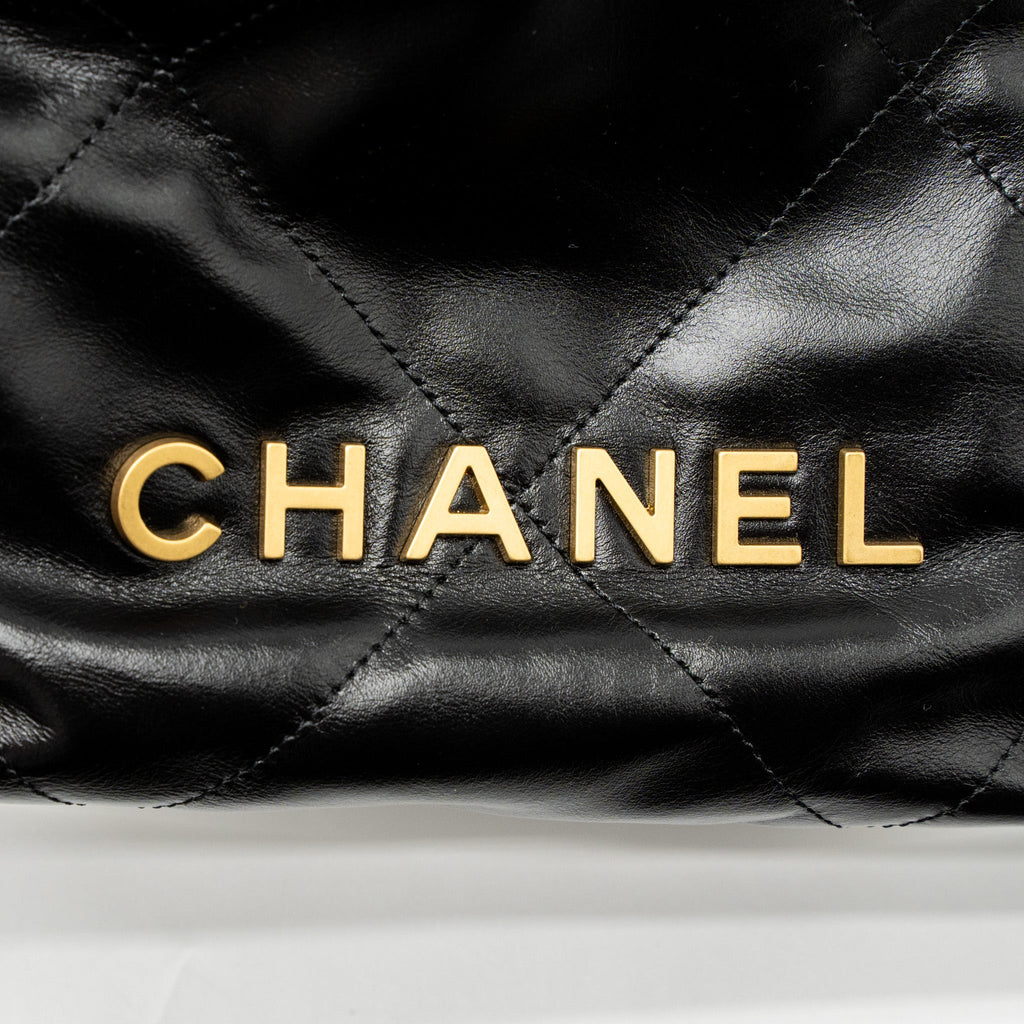 CHANEL MINI 22 BAG SHINY CALFSKIN BLACK BRUSHED GHW (MICROCHIP)