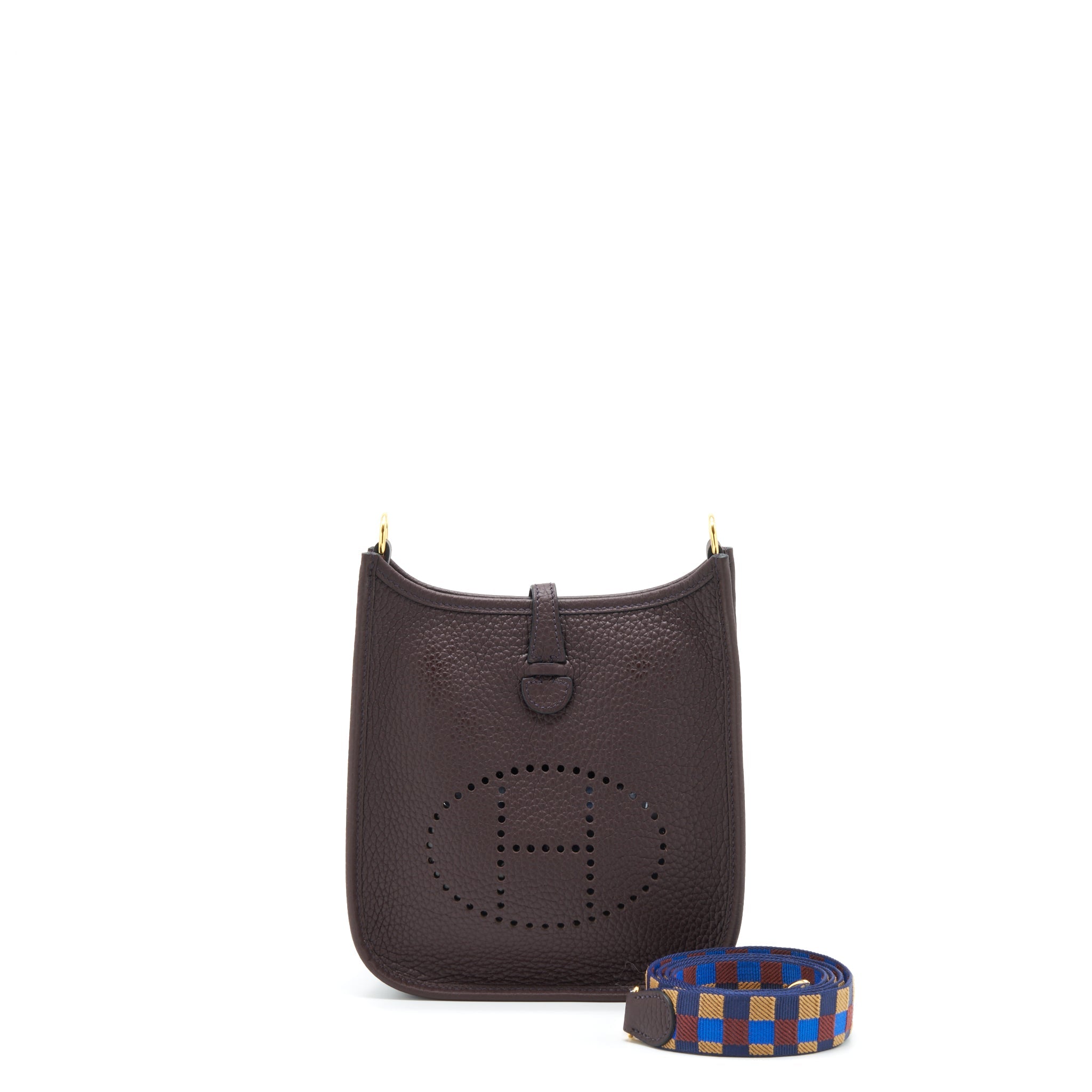HERMES MINI EVELYNE CLEMENCE ROUGE SELLIER, WITH MULTICOLOUR STRAP GHW