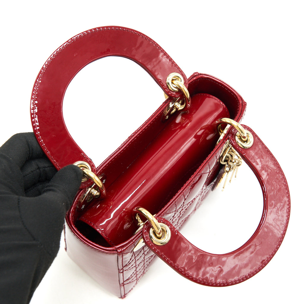 DIOR MINI LADY DIOR PATENT LEATHER RED WITH GHW