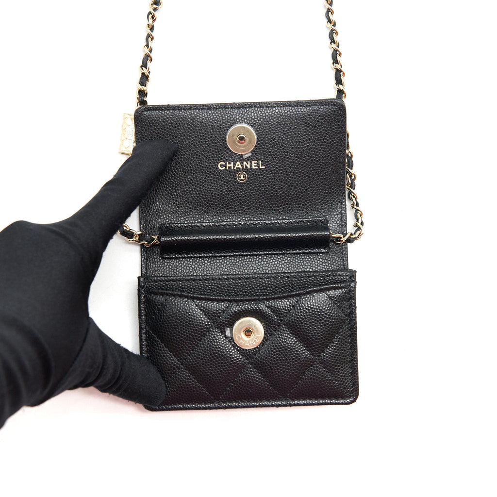 CHANEL CAVIAR CARD HOLER WITH CHAIN AND BAG CHARM BLACK LGHW