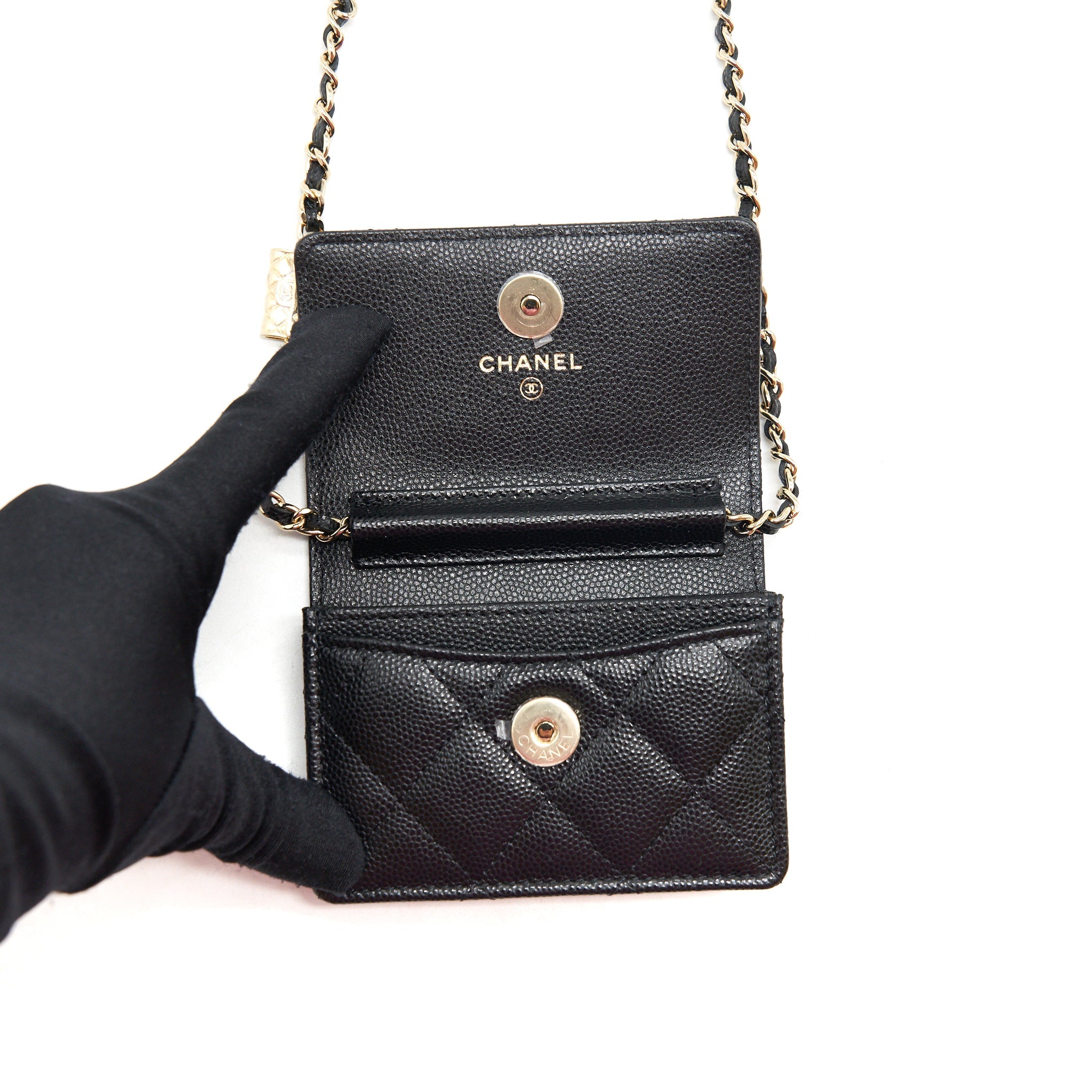 CHANEL CAVIAR CARD HOLER WITH CHAIN AND BAG CHARM BLACK LGHW