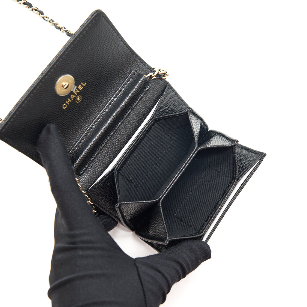 CHANEL CAVIAR CARD HOLER WITH CHAIN AND BAG CHARM BLACK LGHW