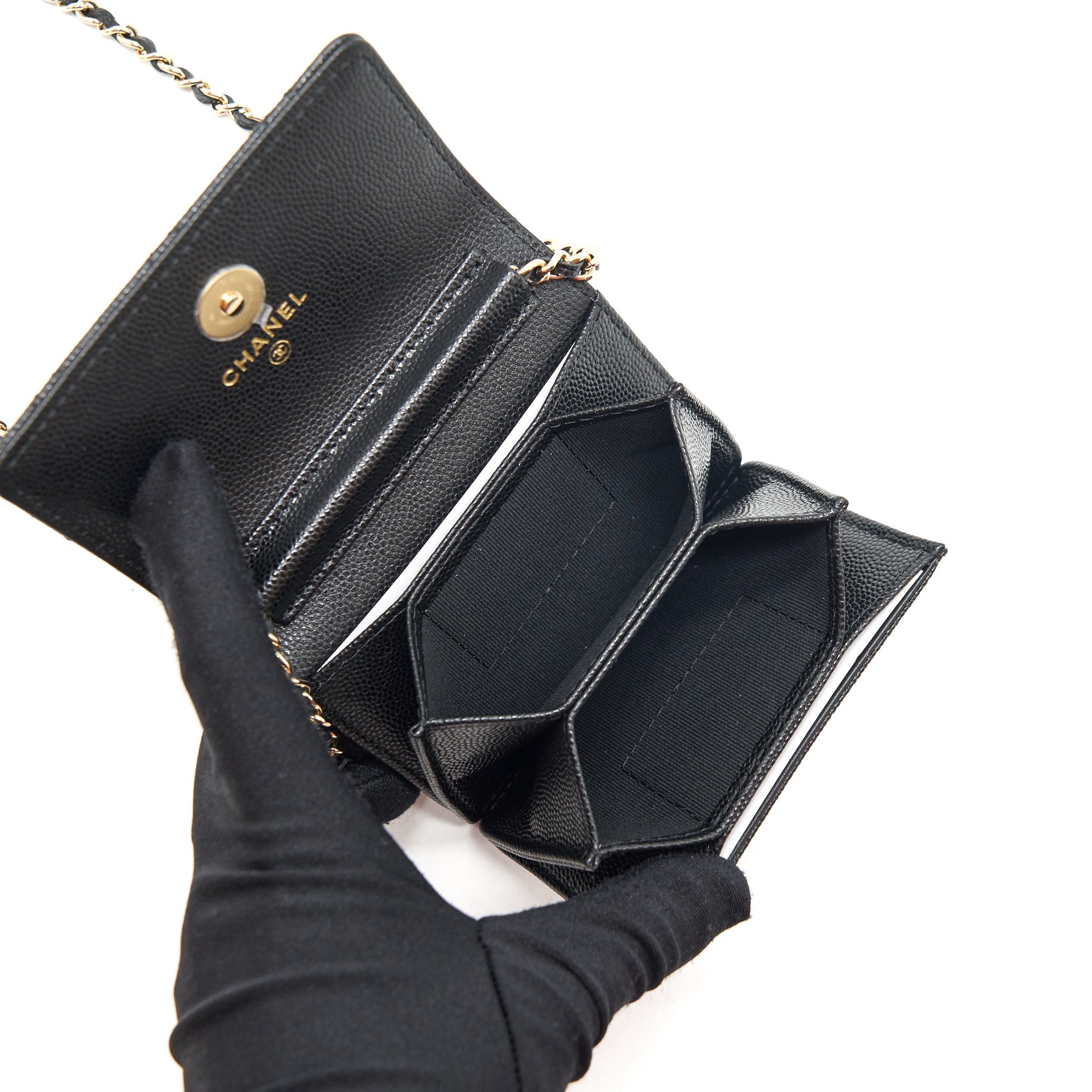 CHANEL CAVIAR CARD HOLER WITH CHAIN AND BAG CHARM BLACK LGHW