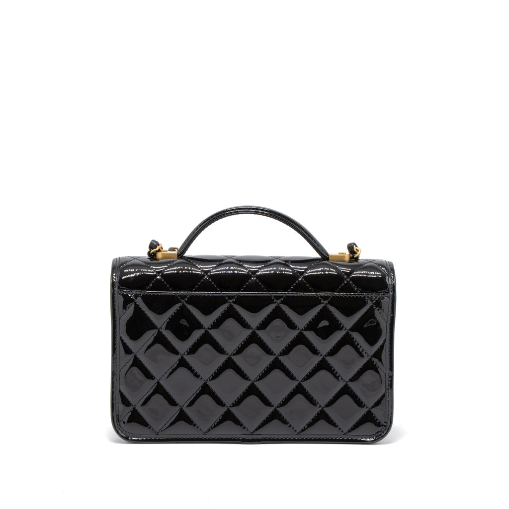 CHANEL 22K TOP HANDLE MESSENGER BAG PATENT LEATHER BLACK BRUSHED GHW (MICROCHIP)