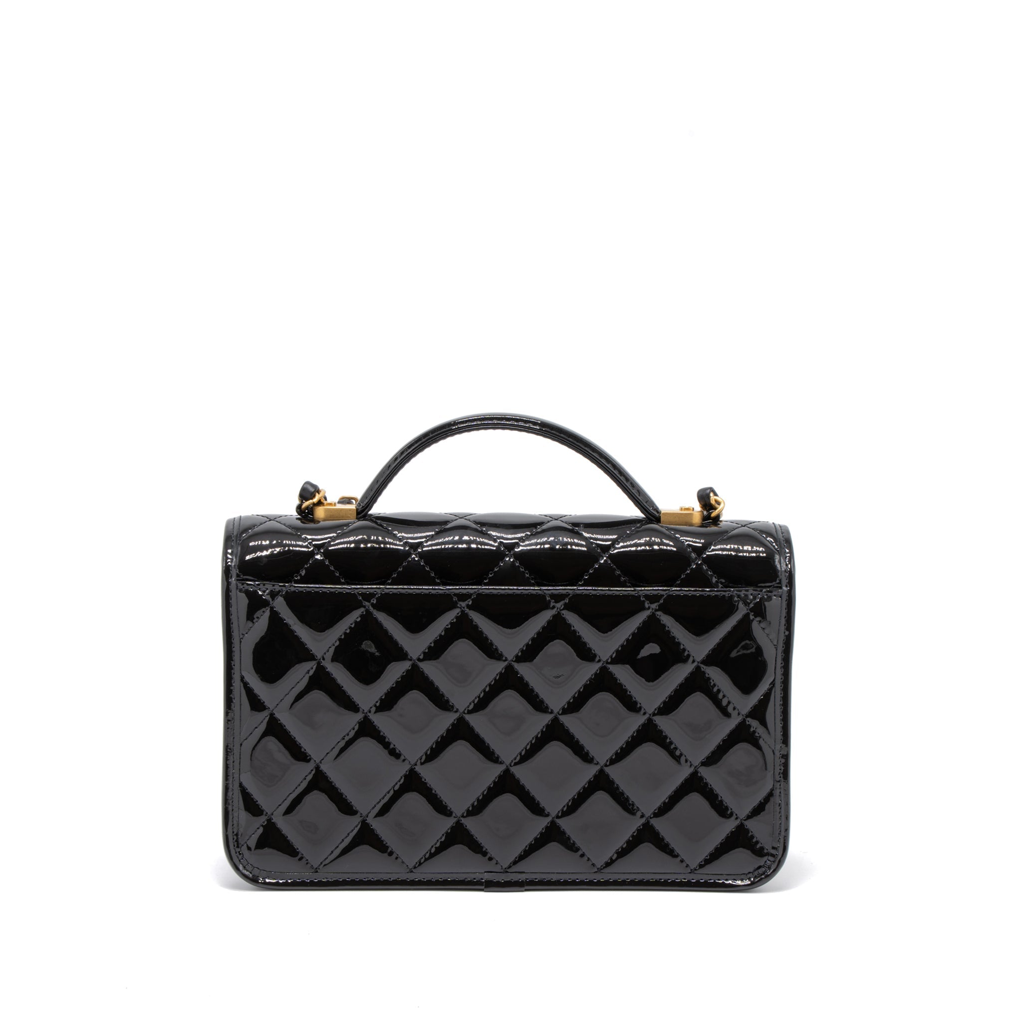 CHANEL 22K TOP HANDLE MESSENGER BAG PATENT LEATHER BLACK BRUSHED GHW (MICROCHIP)