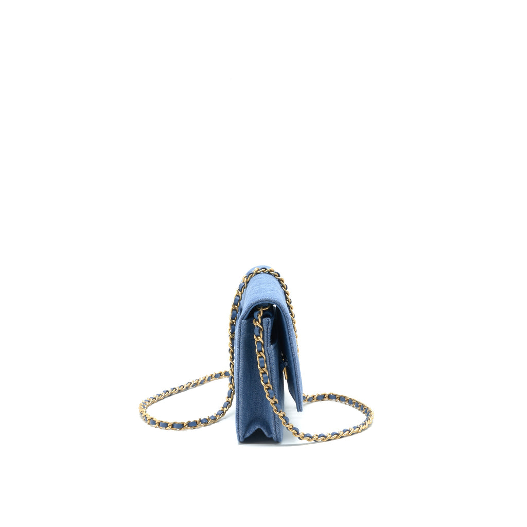 CHANEL 22C PEARL CRUSH  WALLET ON CHAIN DENIM GHW